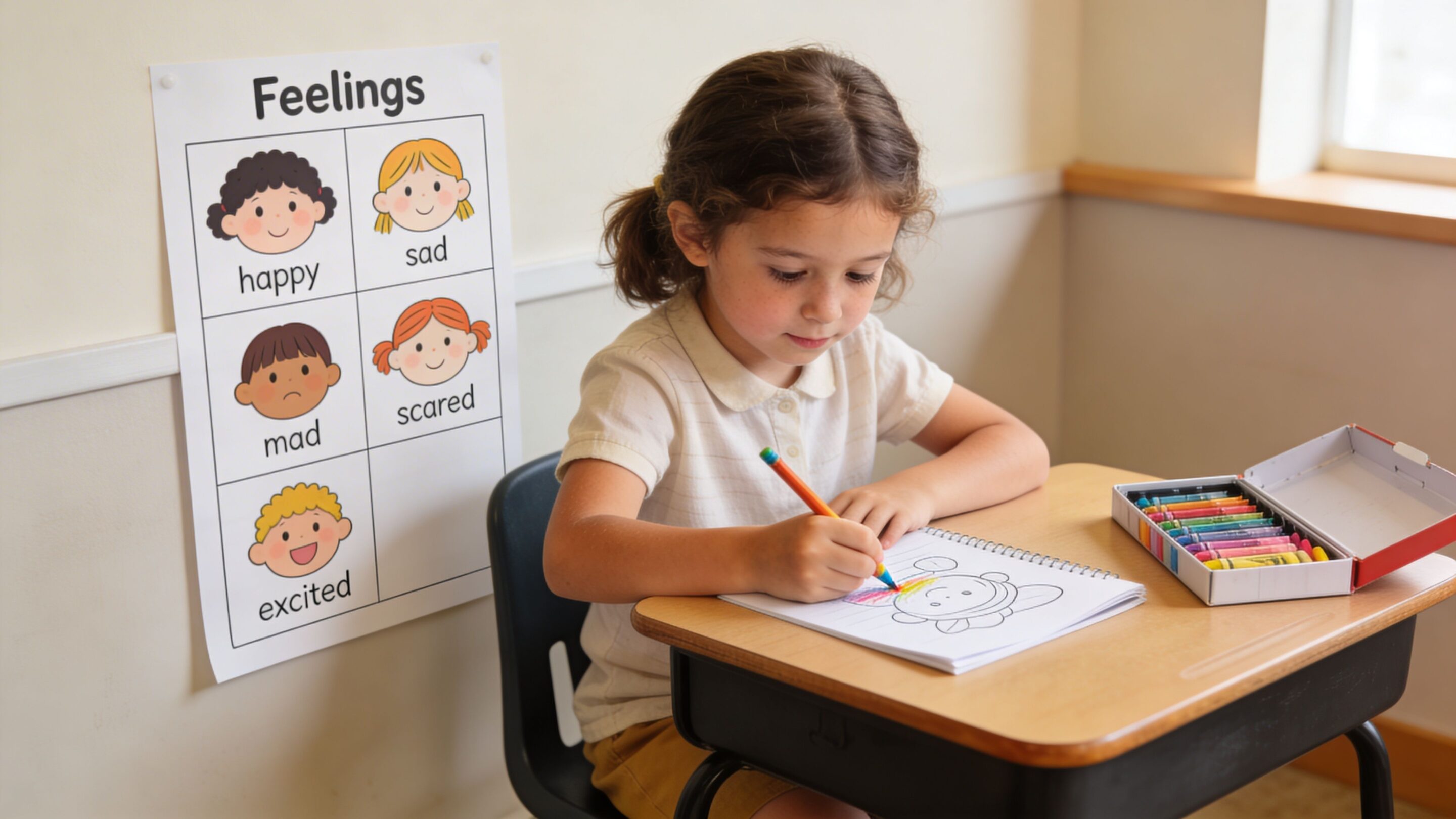 A young school-age girl sits at a desk while coloring in her notebook next to a feelings chart.
