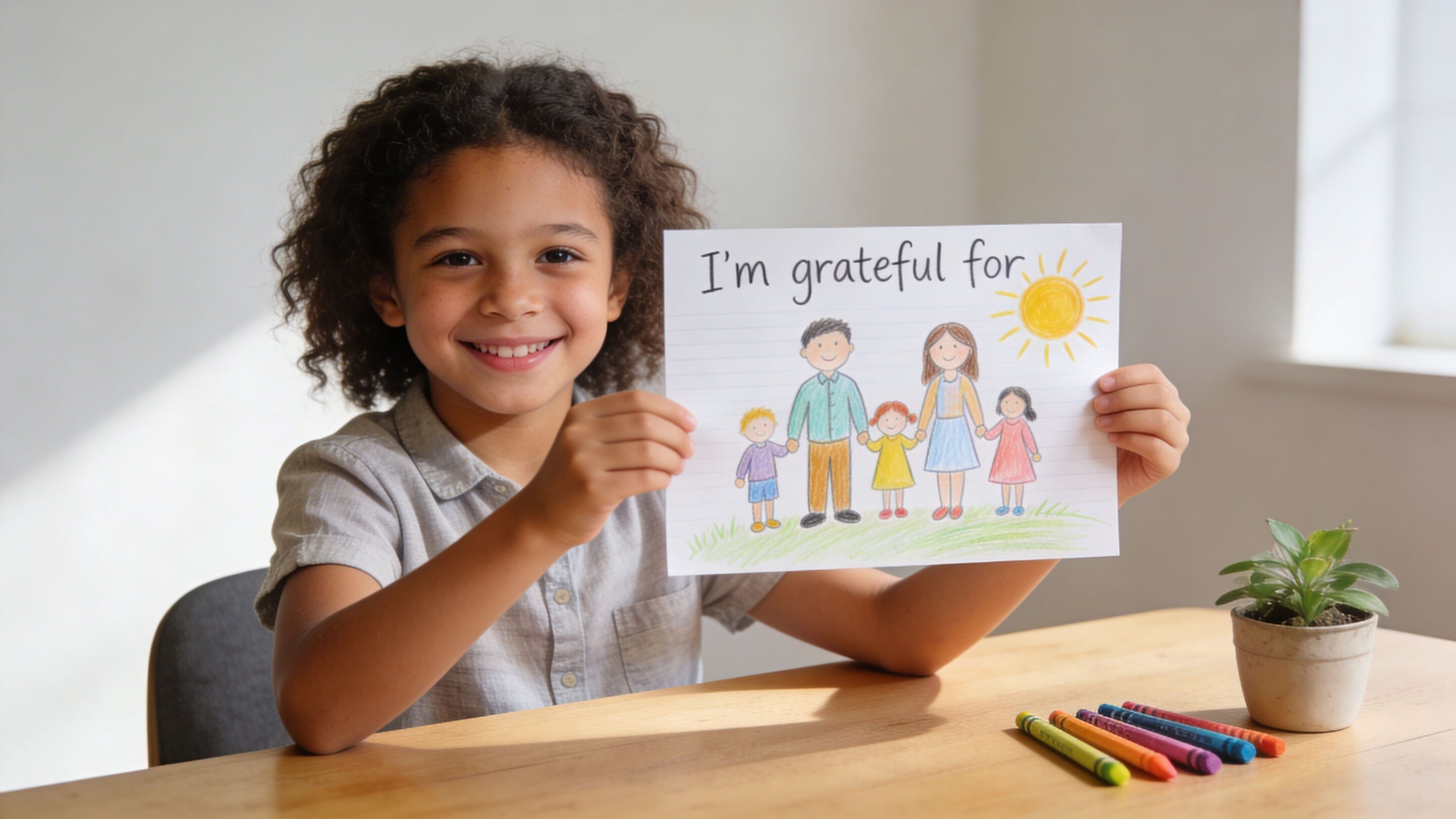 A happy child holding a drawing of their family with the text I'm grateful for on paper.