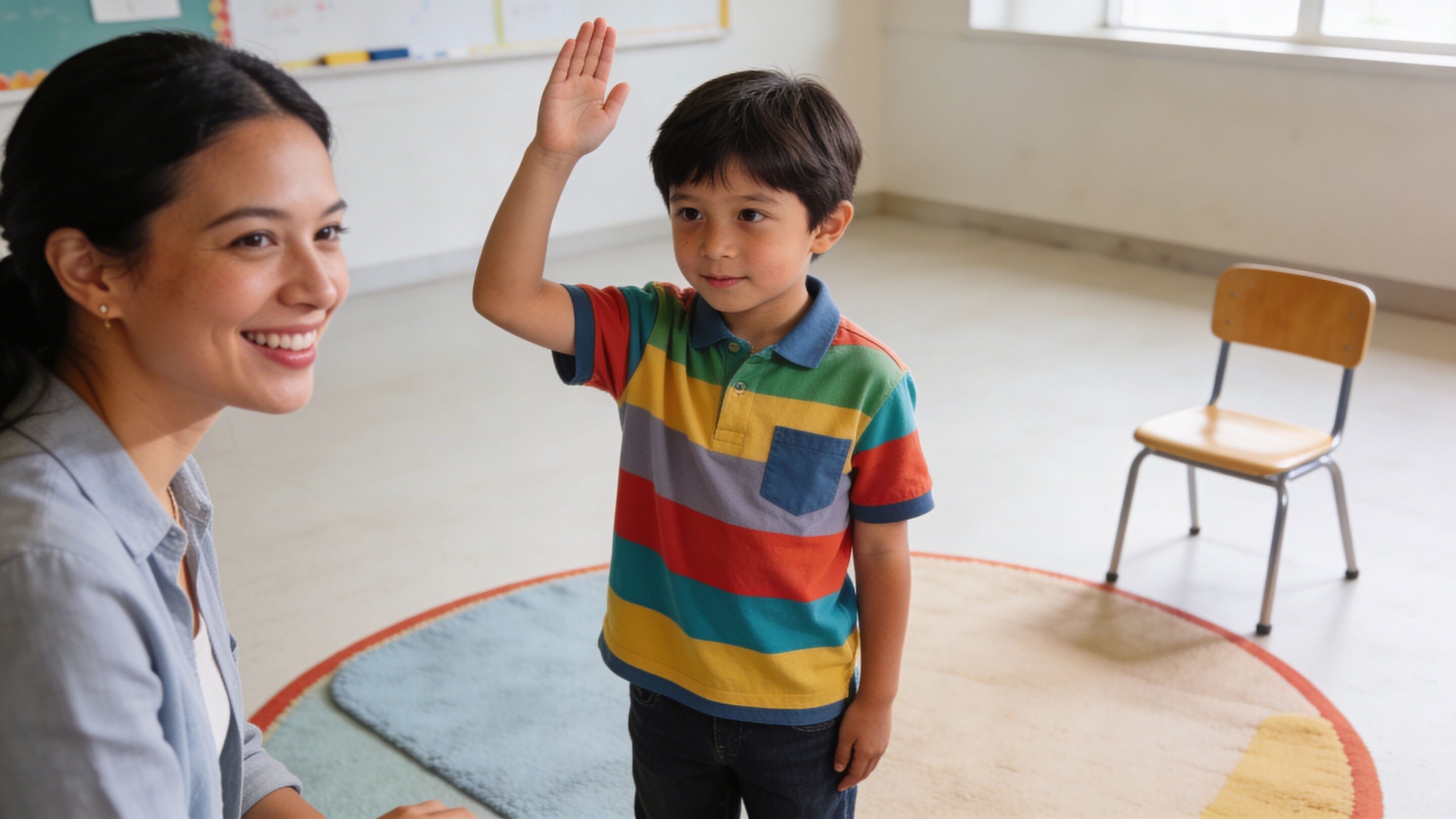 A friendly teacher smiling at a young male student who is raising his hand to answer
