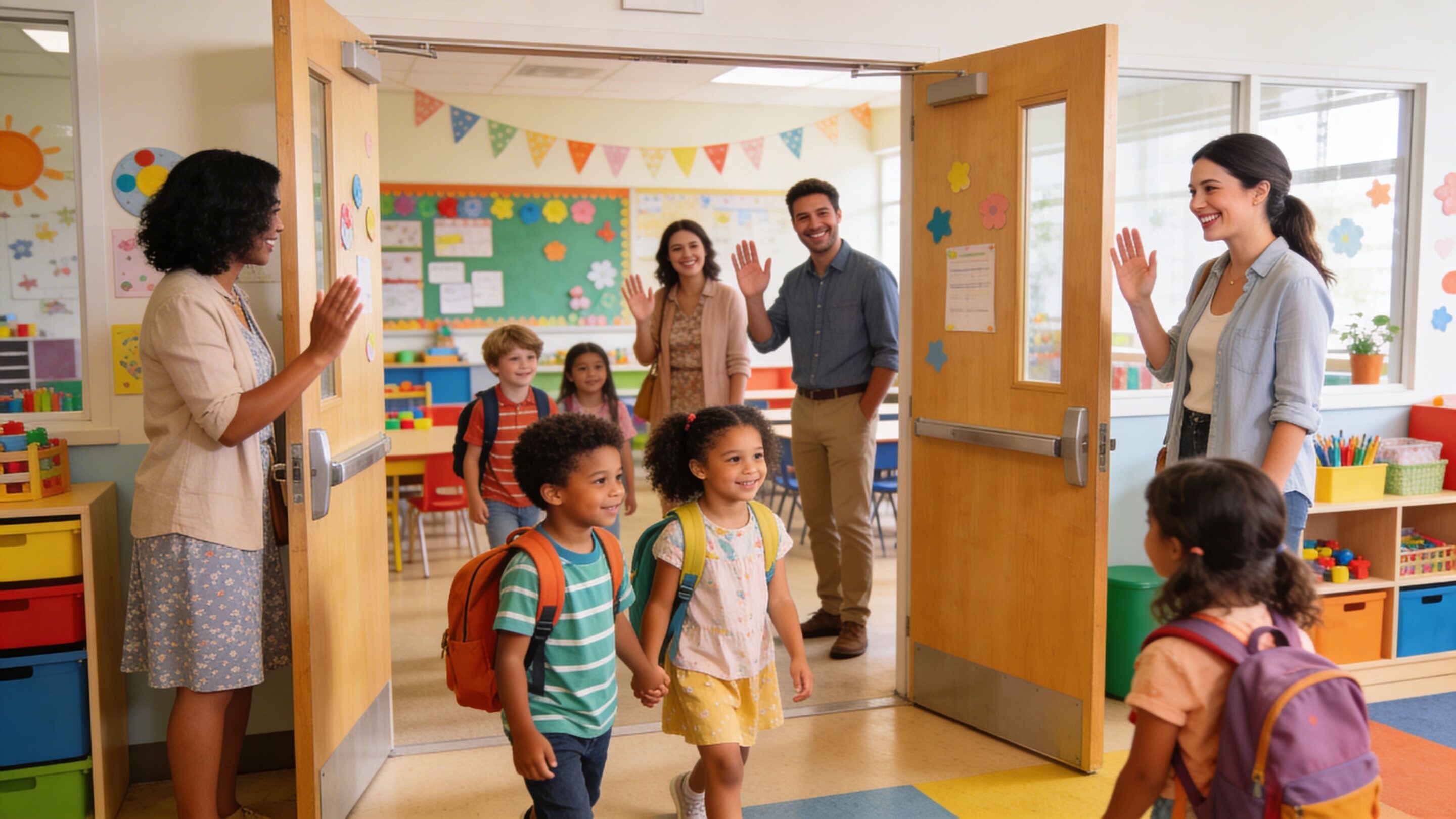A friendly teacher greets children and parents at the entrance of a colorful kindergarten classroom.