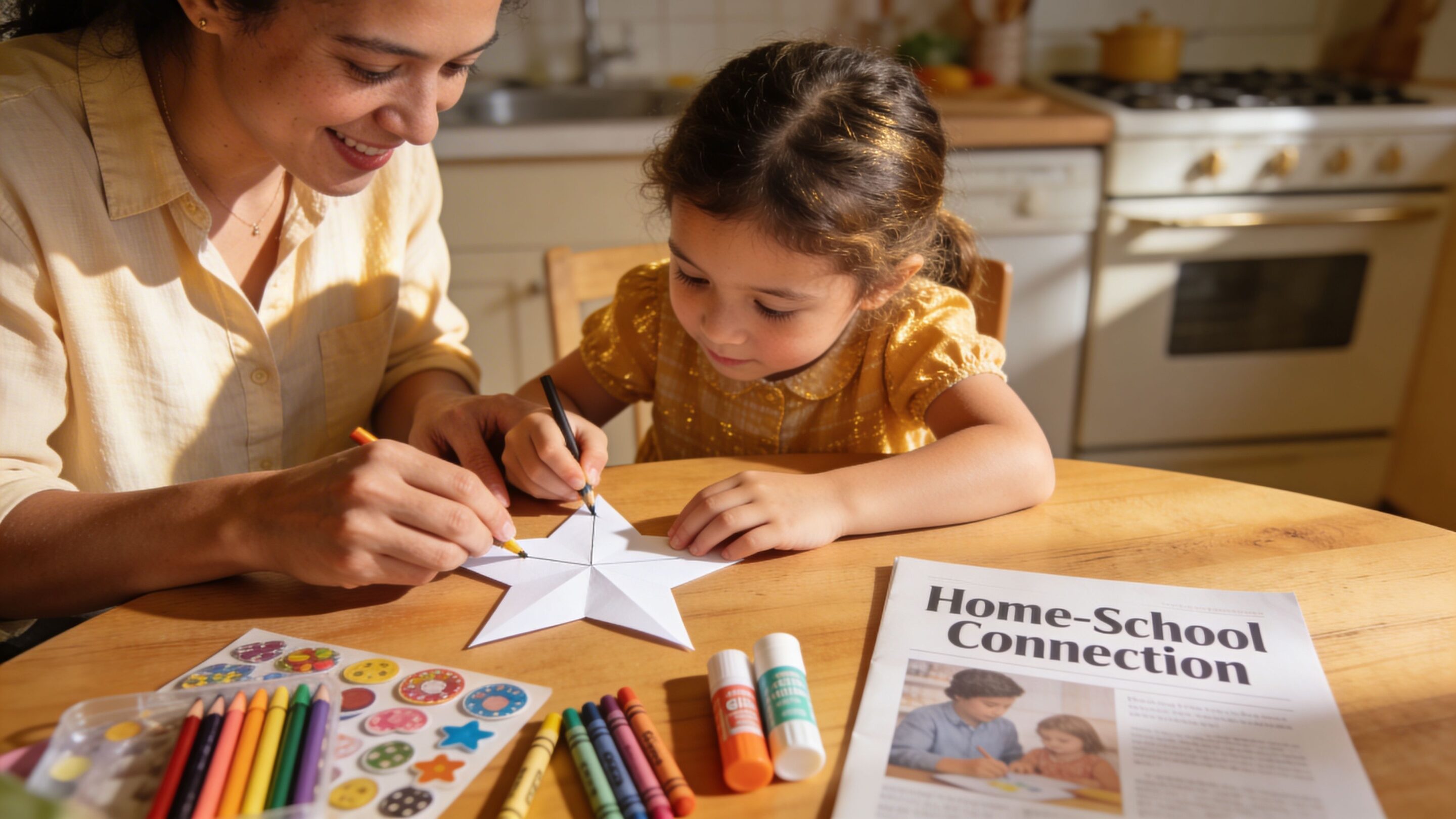 A mother and her young daughter sitting at a wooden table drawing on a star shaped paper