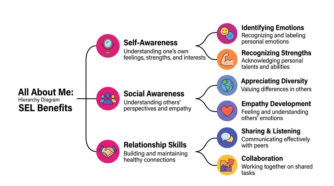 A hierarchical diagram showing SEL benefits including self-awareness, social awareness, and relationship skills for personal development.