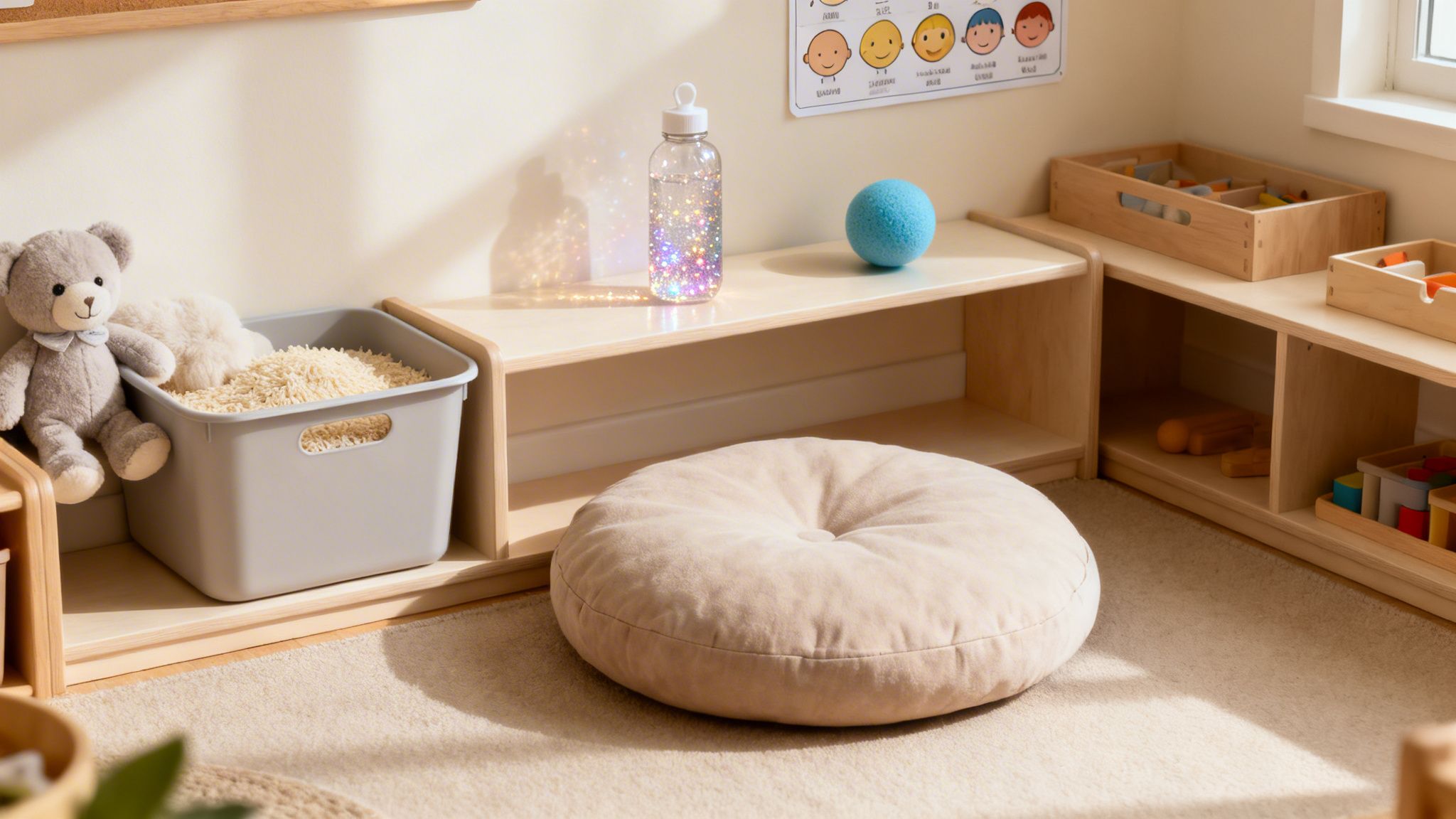 A calm corner for preschoolers with a sensory bin, glitter bottle, and floor cushion for quiet play.