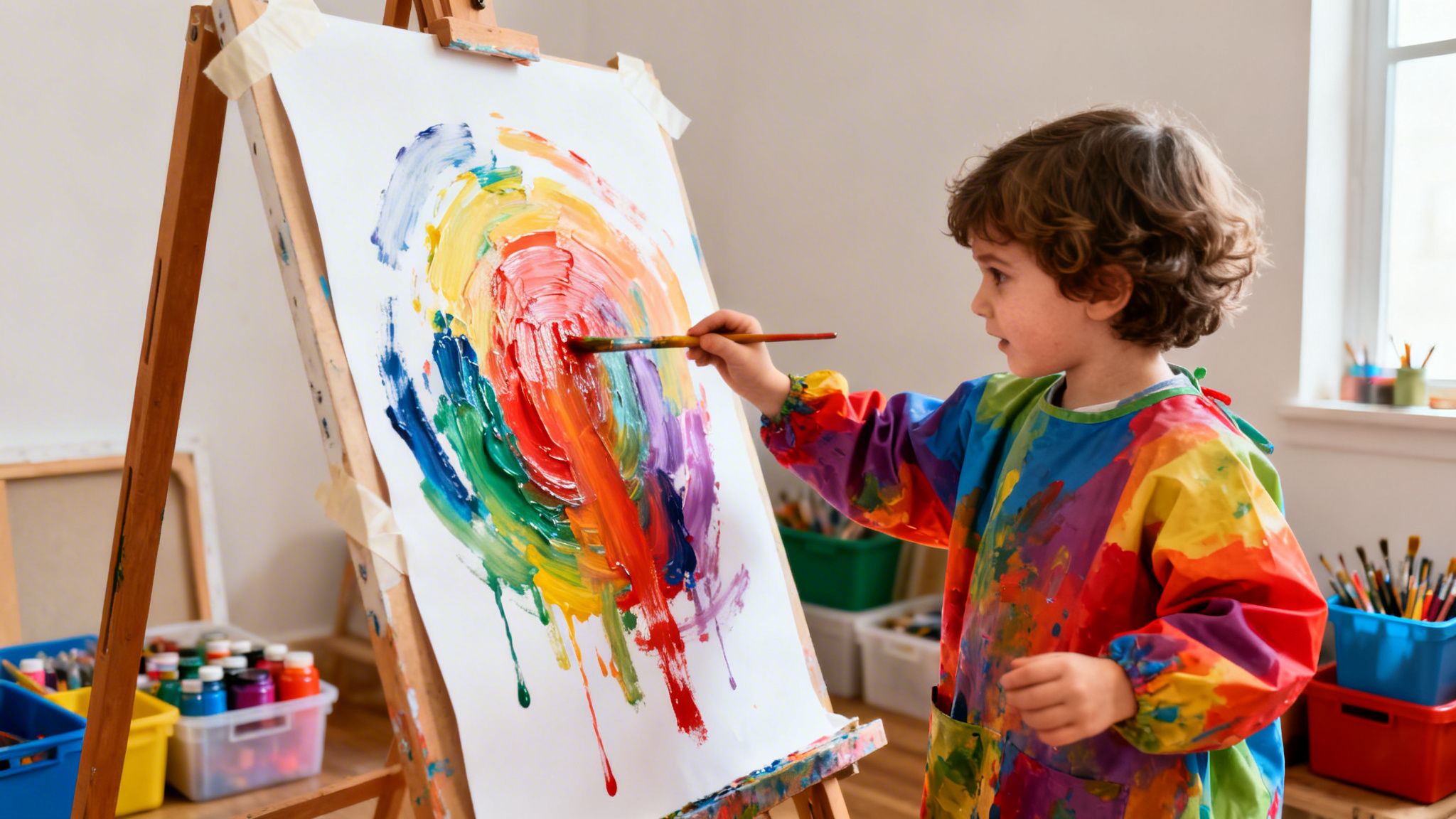 A young child in a colorful smock joyfully paints a vibrant rainbow swirl on an easel.