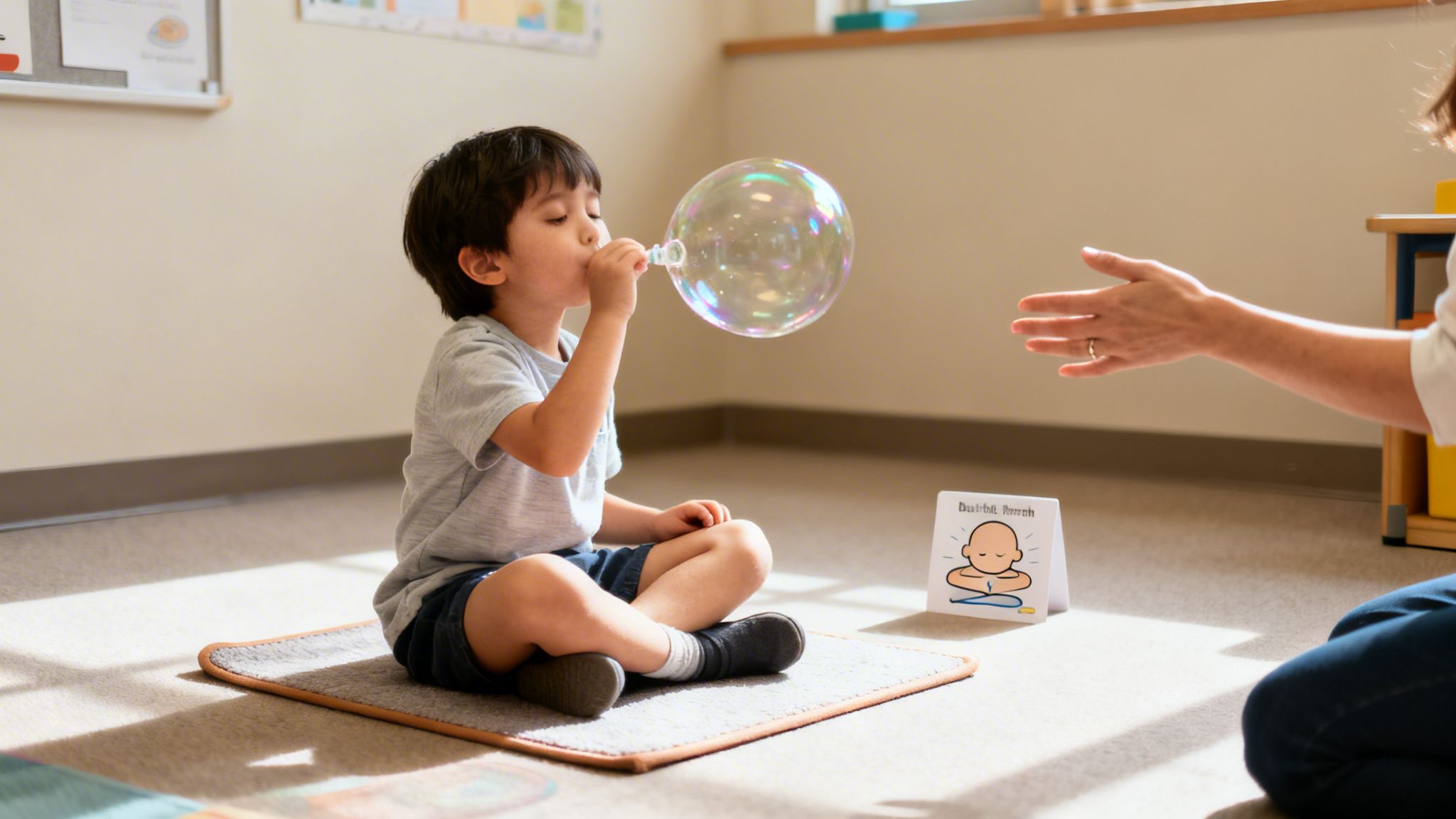 A preschooler blows colorful bubbles during a mindful breathing exercise with an adult.