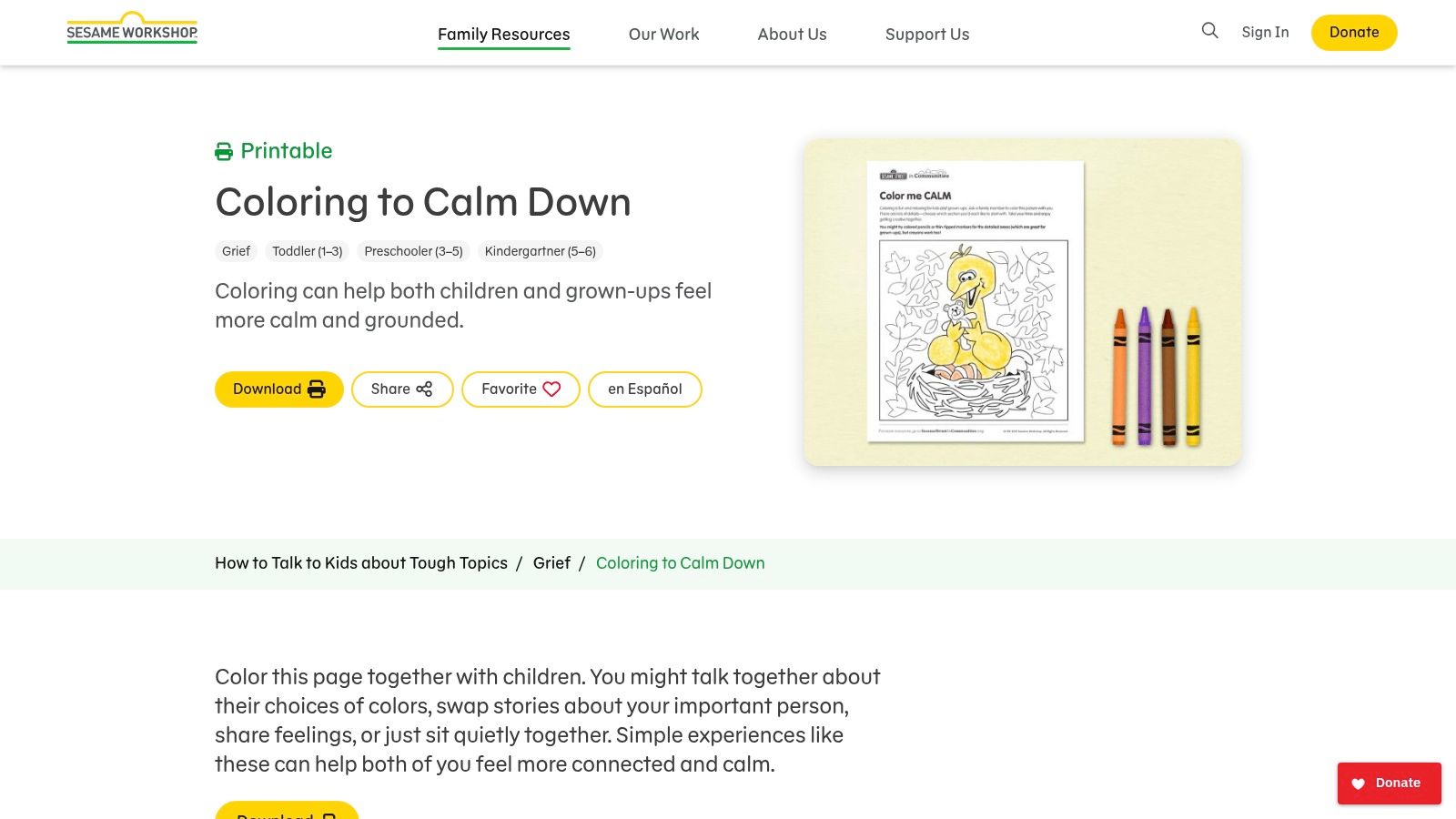 Sesame Workshop, “Coloring to Calm Down” / “Color Me Calm”