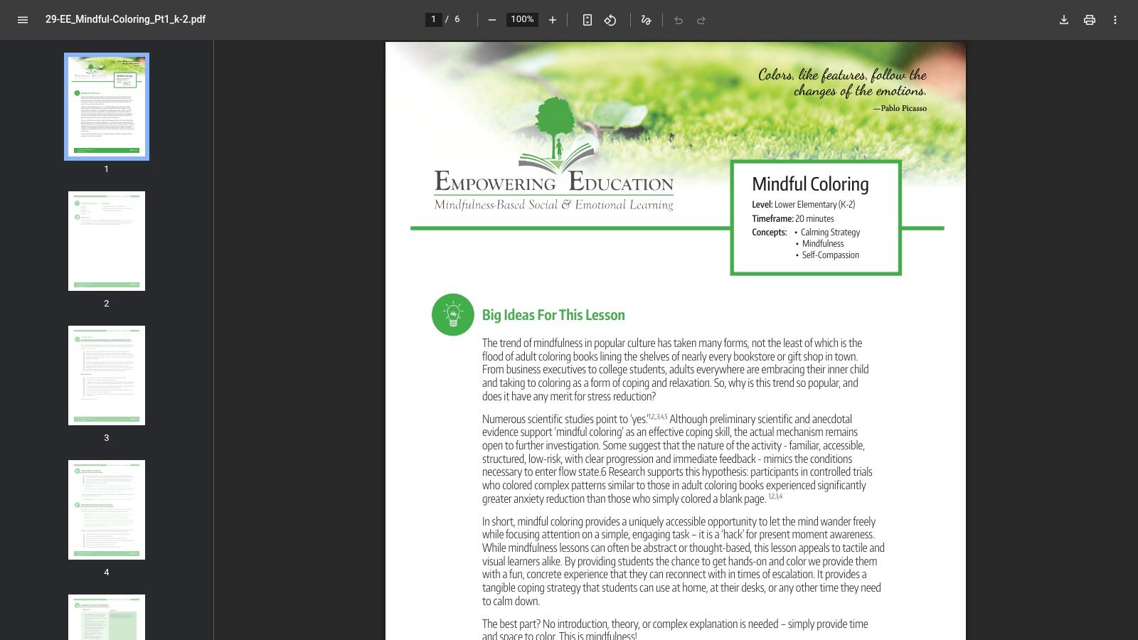 Empowering Education, Mindful Coloring (K–2 lesson + printable)