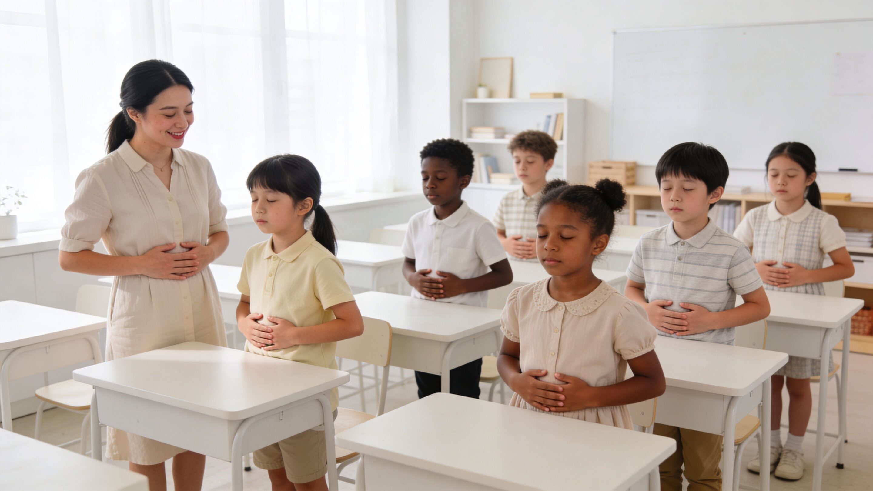 A teacher and a diverse group of students practicing mindful box breathing techniques in a classroom.