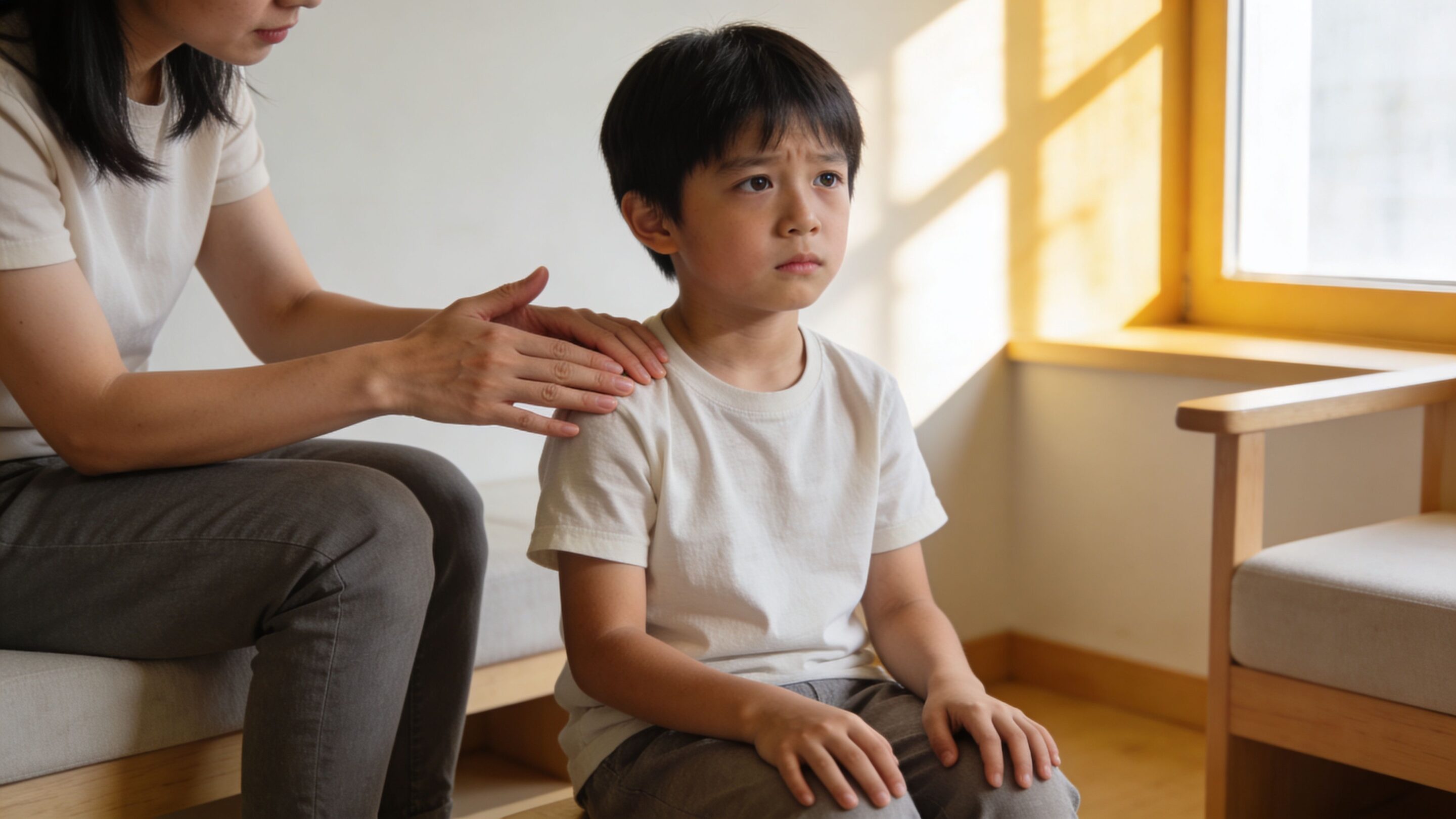A caring woman places a hand on a young boy's shoulder as he practices calming techniques.