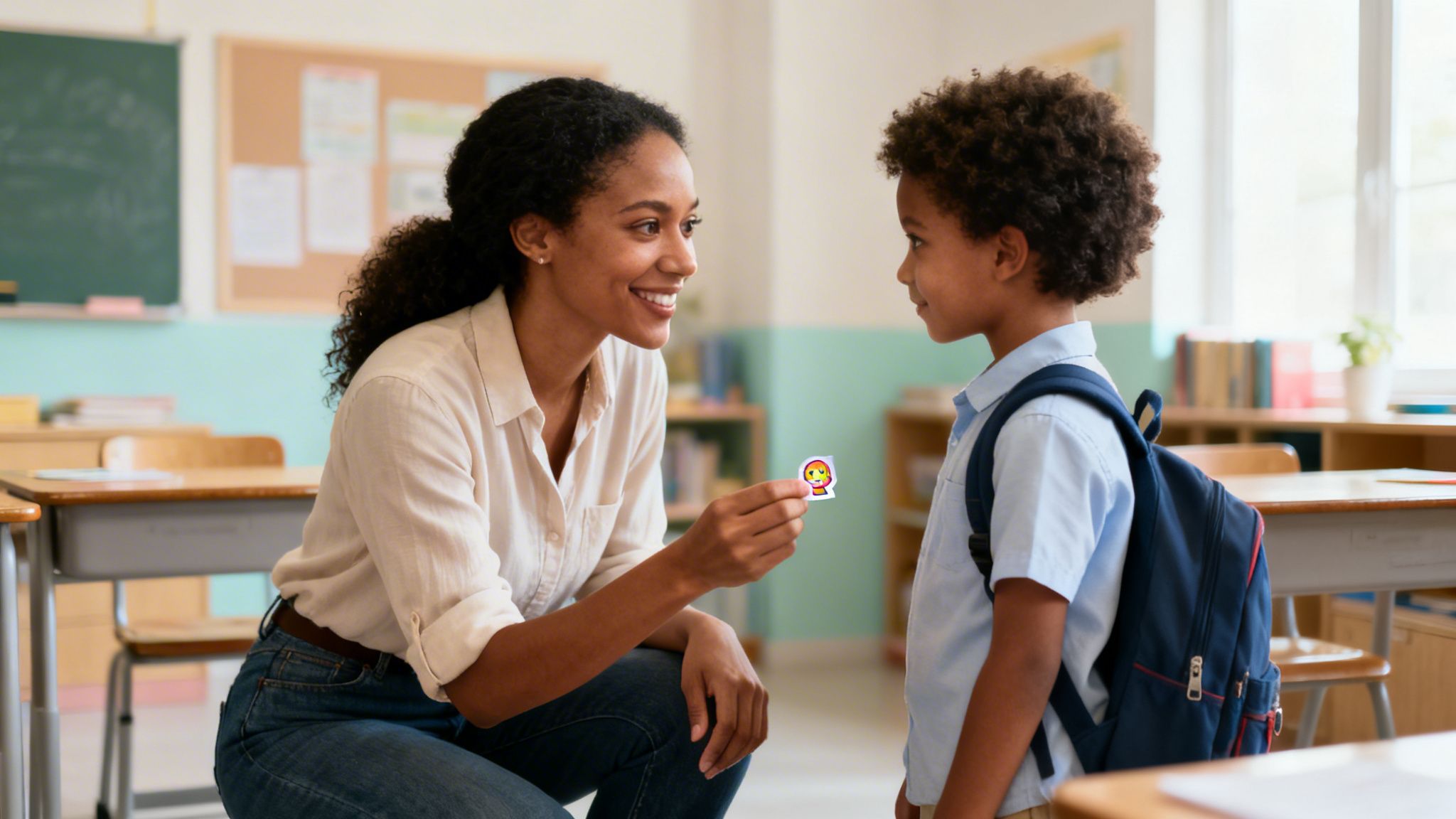 A smiling teacher gives a happy face sticker to a young student in a classroom.