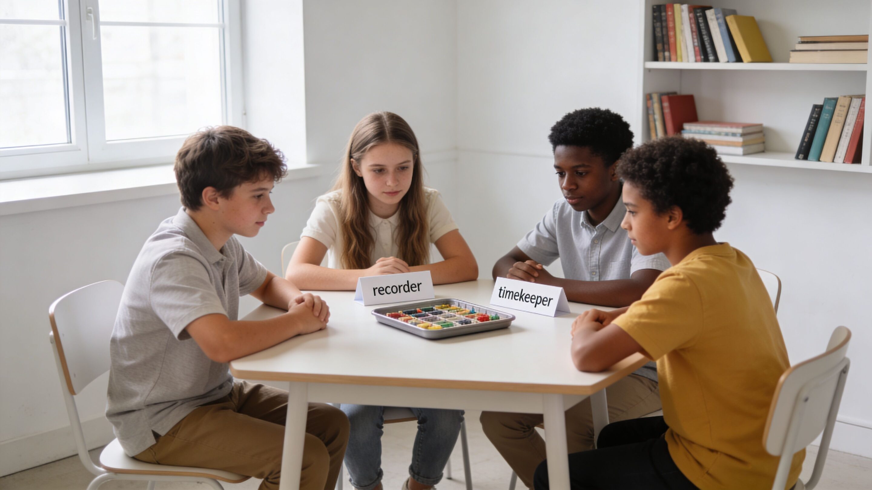 A group of four diverse students sitting at a table together during a collaborative classroom activity.