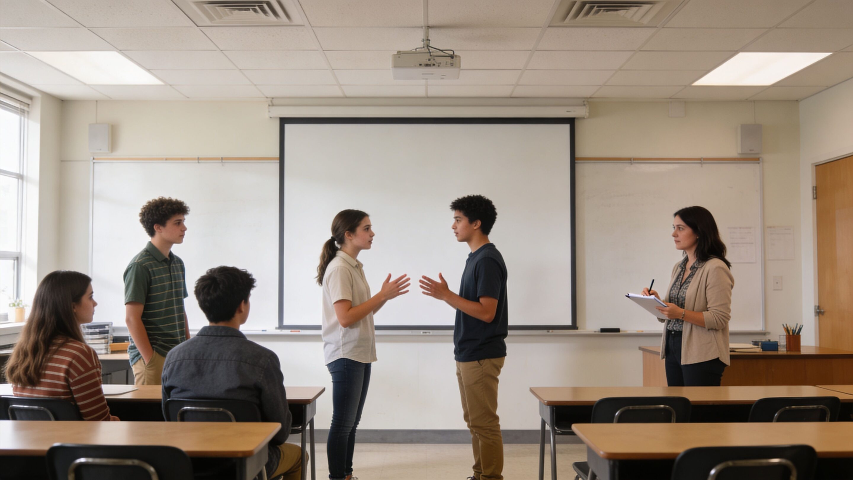 A teacher observes two students engaging in a conflict resolution activity in a high school classroom.