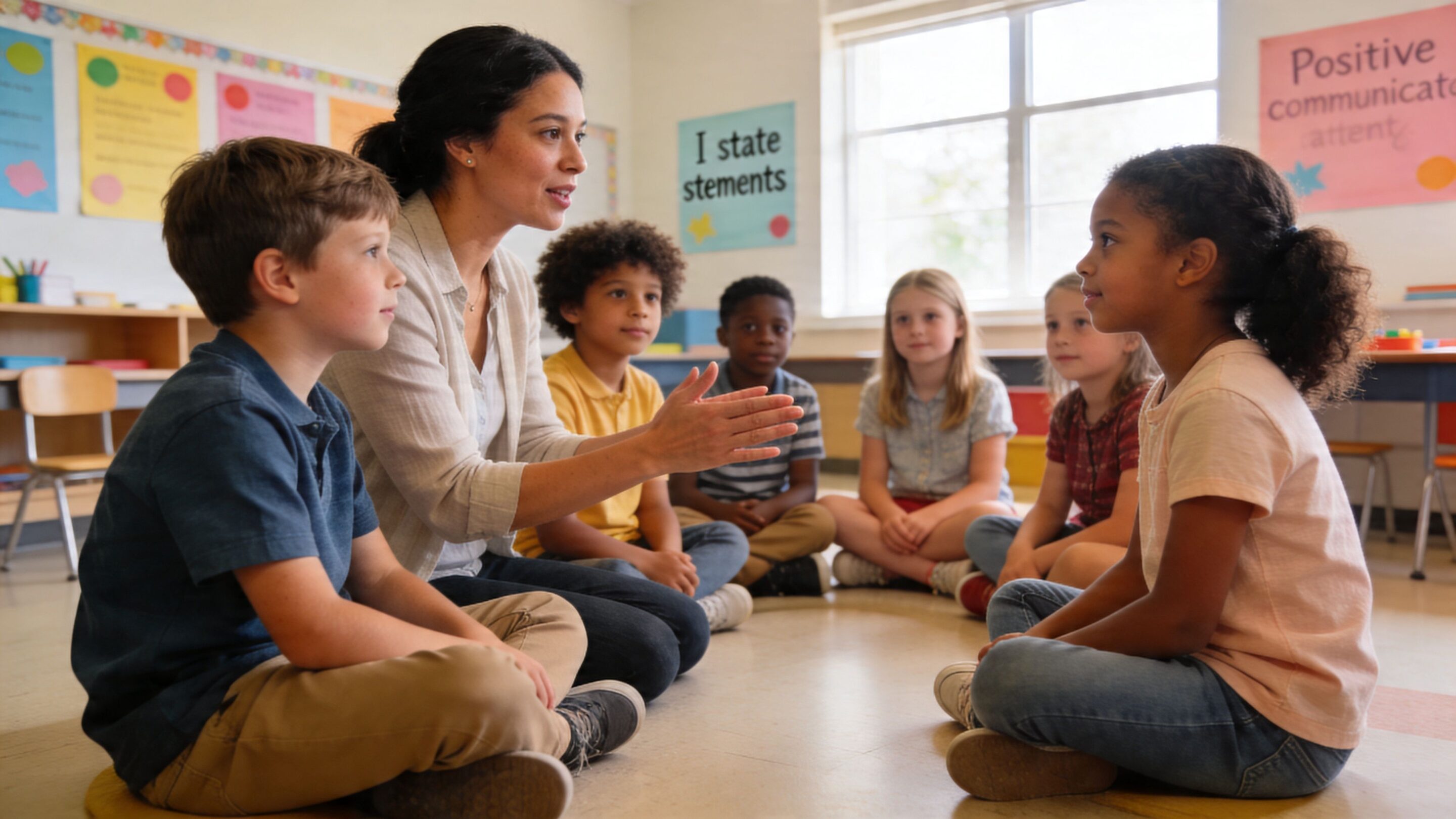 A teacher sitting in a circle with her elementary students to discuss and resolve classroom conflicts.