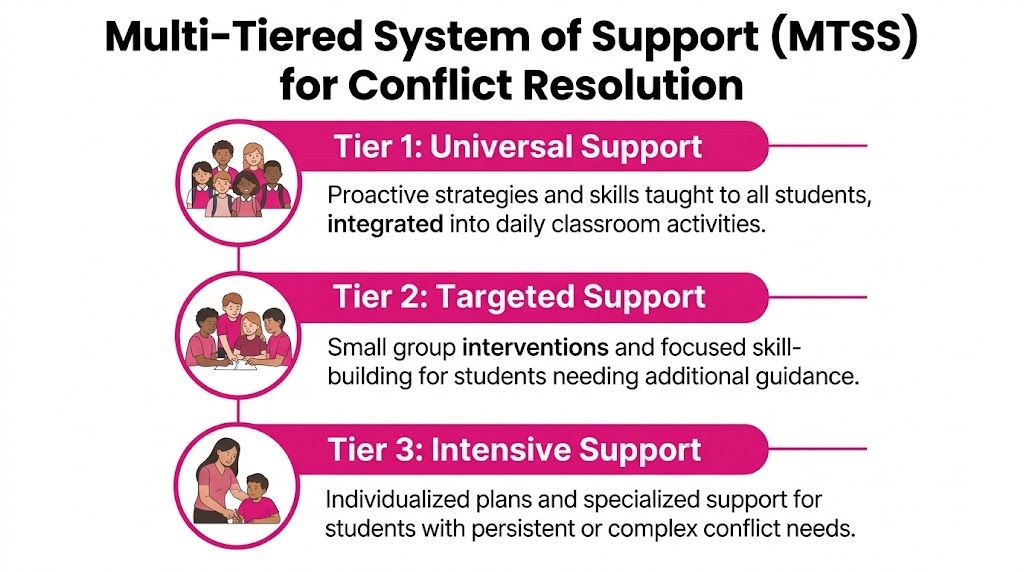 A diagram illustrating the three-tiered Multi-Tiered System of Support for conflict resolution in educational settings.