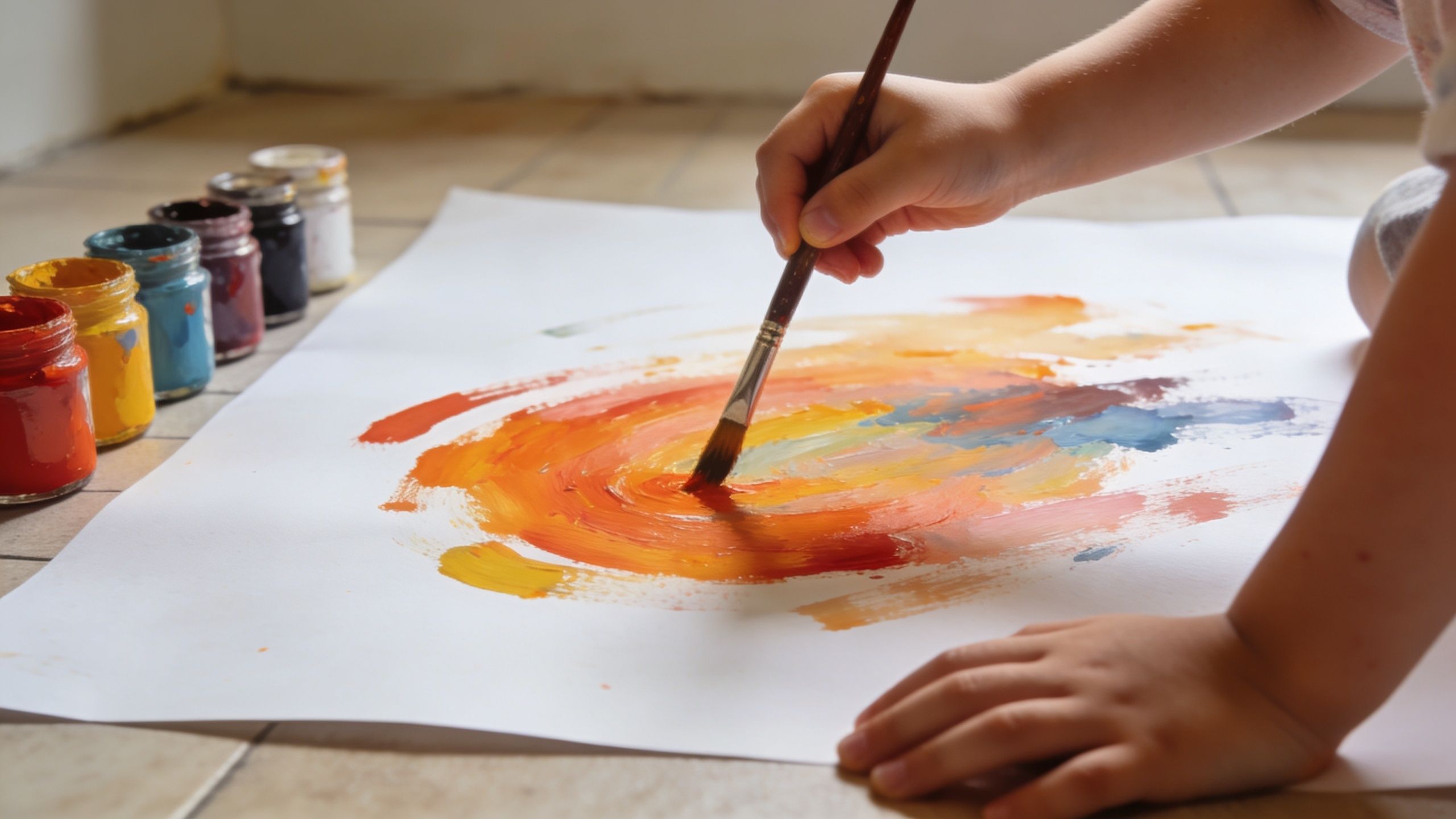 A young child creatively painting vibrant colors on white paper using a paintbrush while sitting on the floor.