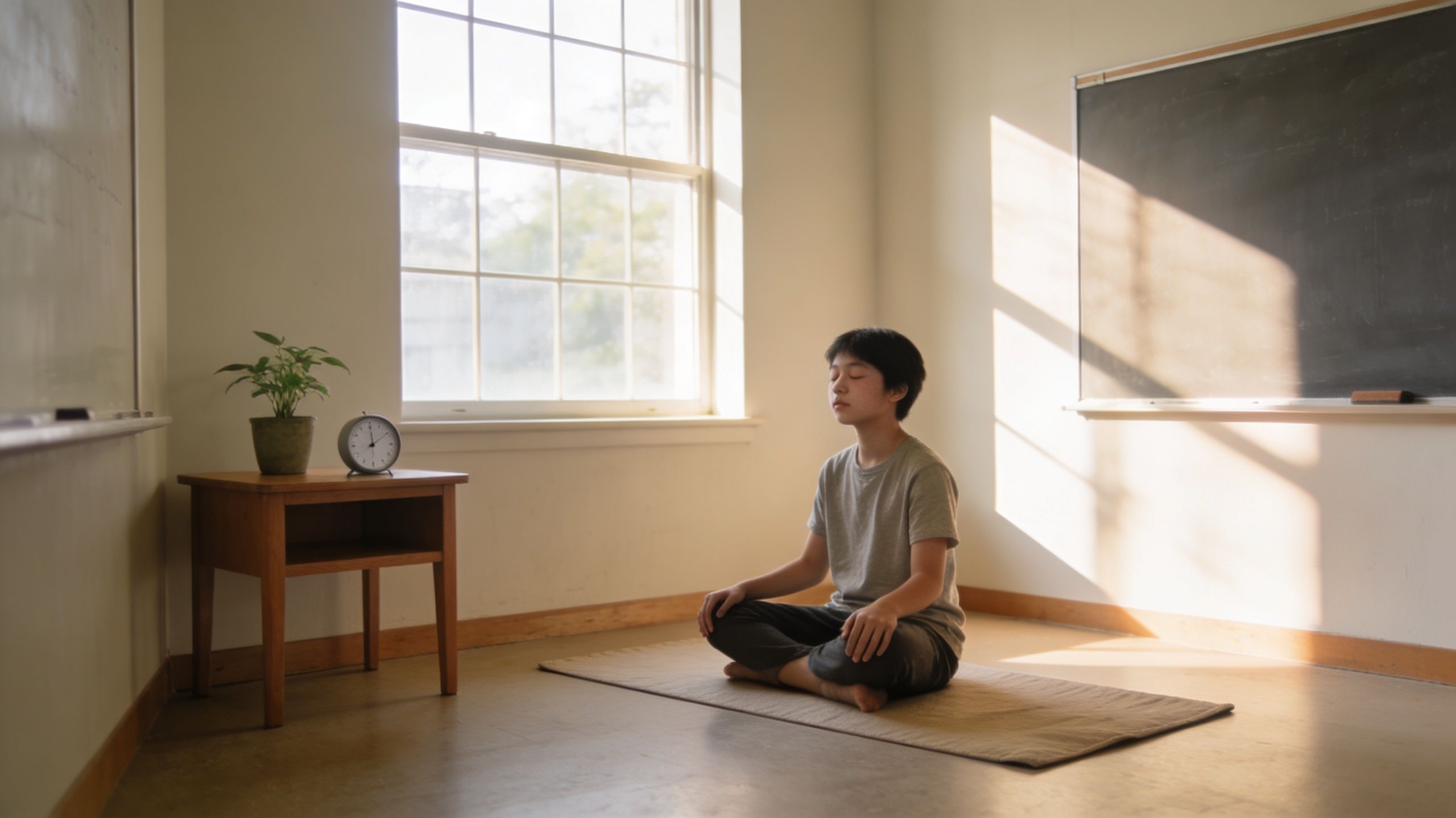 A young person with eyes closed, sitting in a meditative pose on a mat in a bright, quiet classroom.