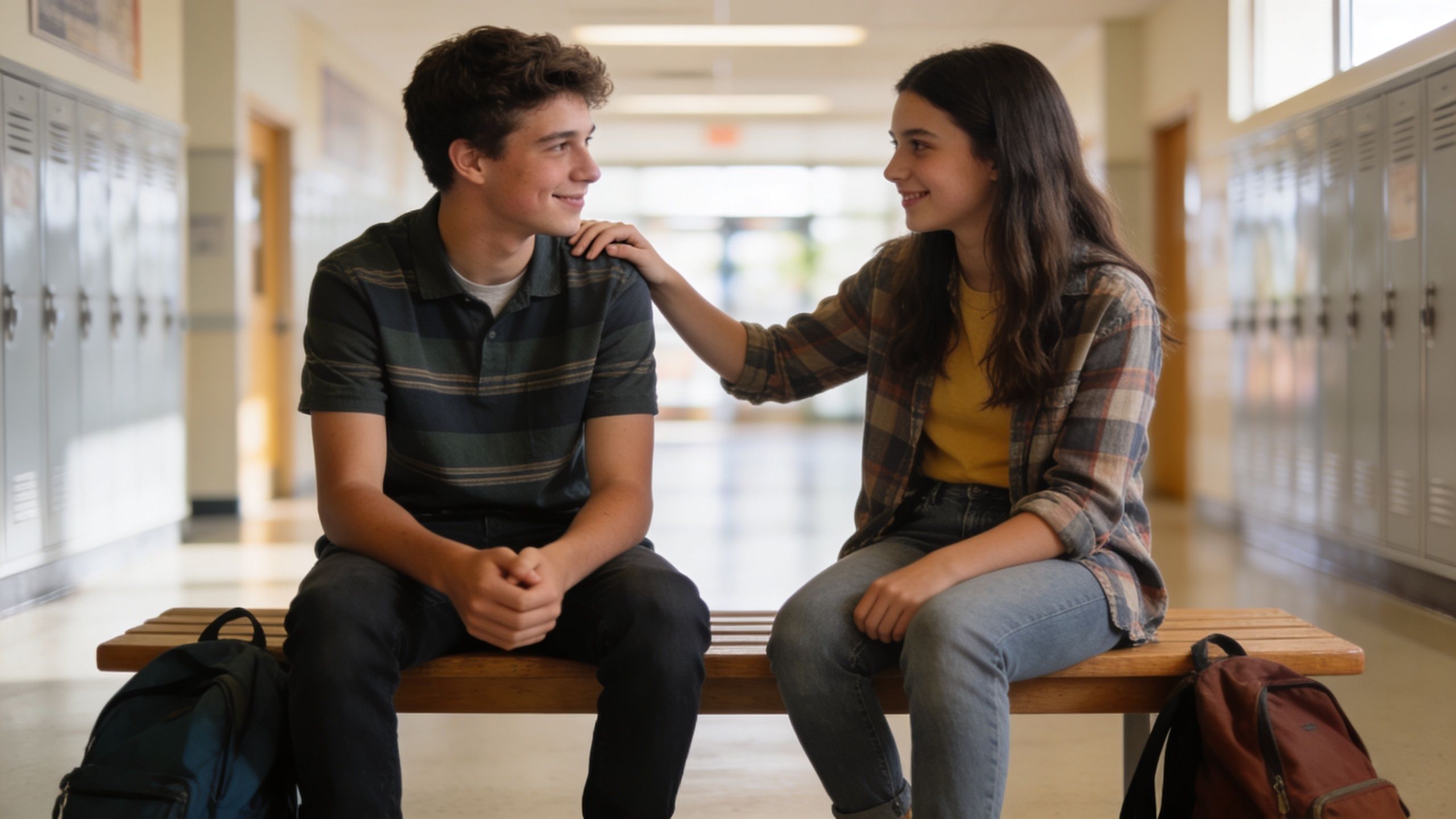 A teenage boy and girl sitting on a school bench sharing an emotion focused coping moment together.