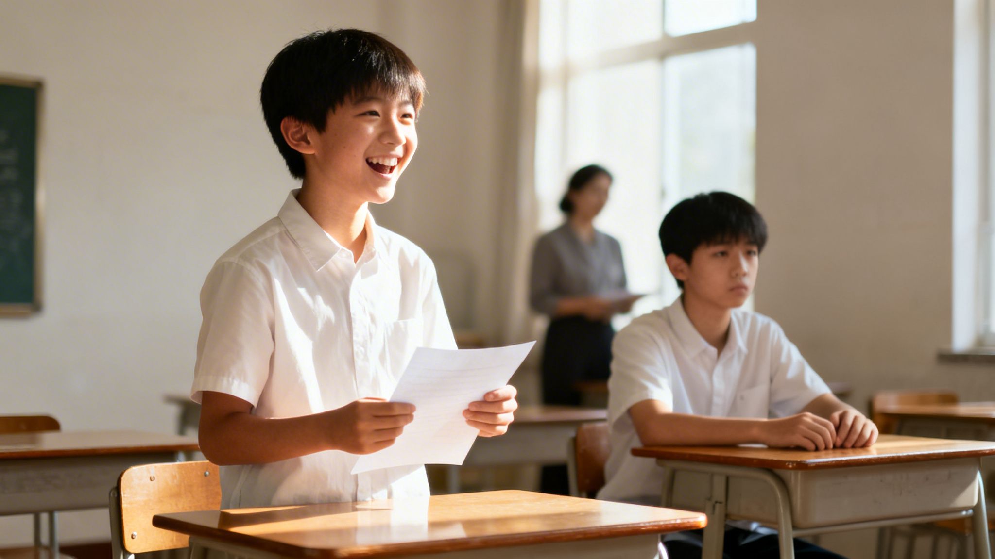 A smiling boy presents in a sunlit classroom while a teacher watches.