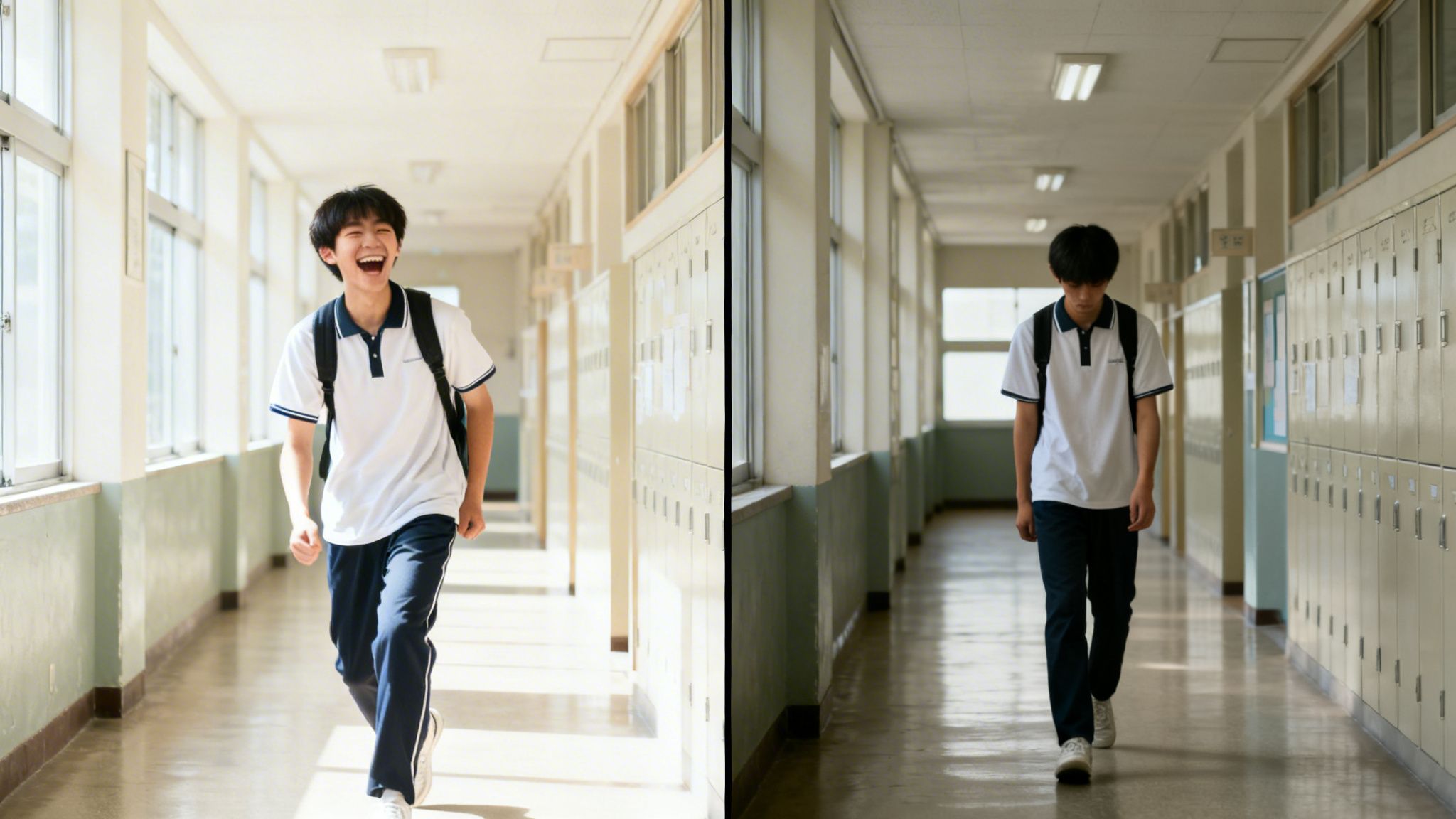 Two images of a student: one joyfully running in a sunny hall, the other sadly walking in a dim hall.