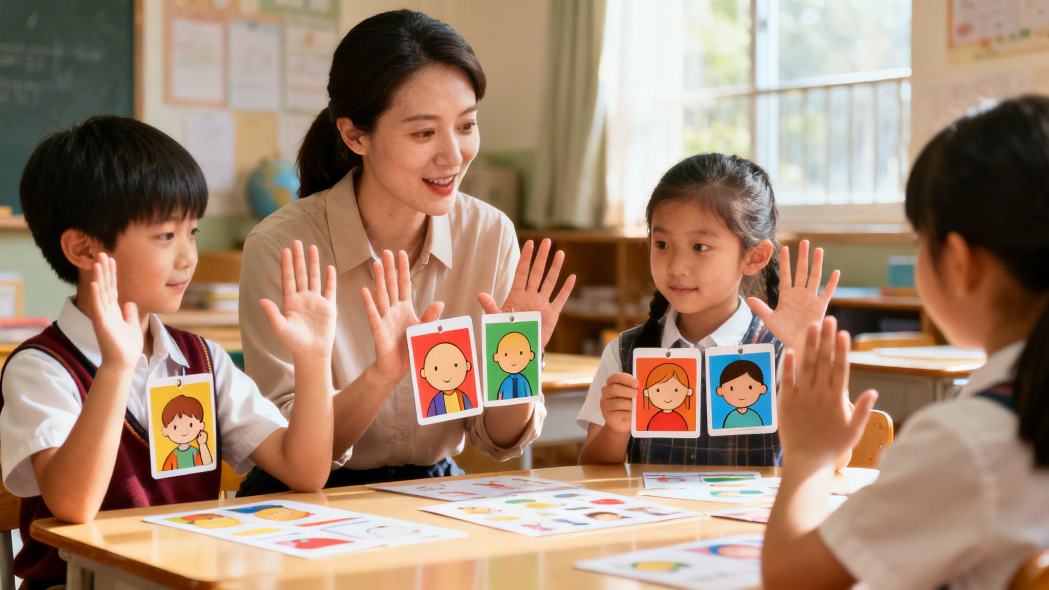A teacher teaching emotional intelligence using illustrated character cards to children in a brightly lit classroom.