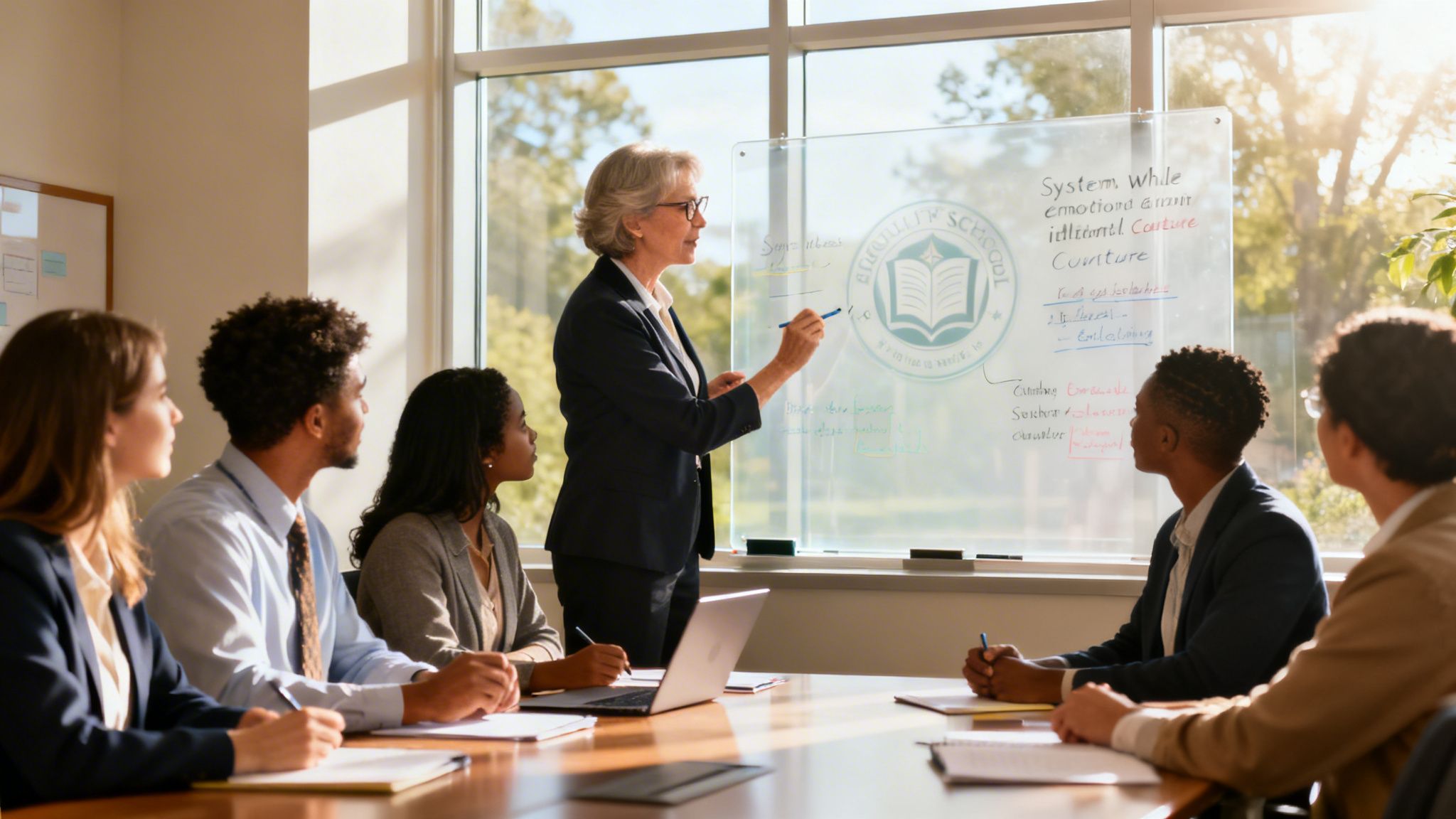 A professional woman leading a corporate workshop on emotional intelligence for a diverse group of employees.