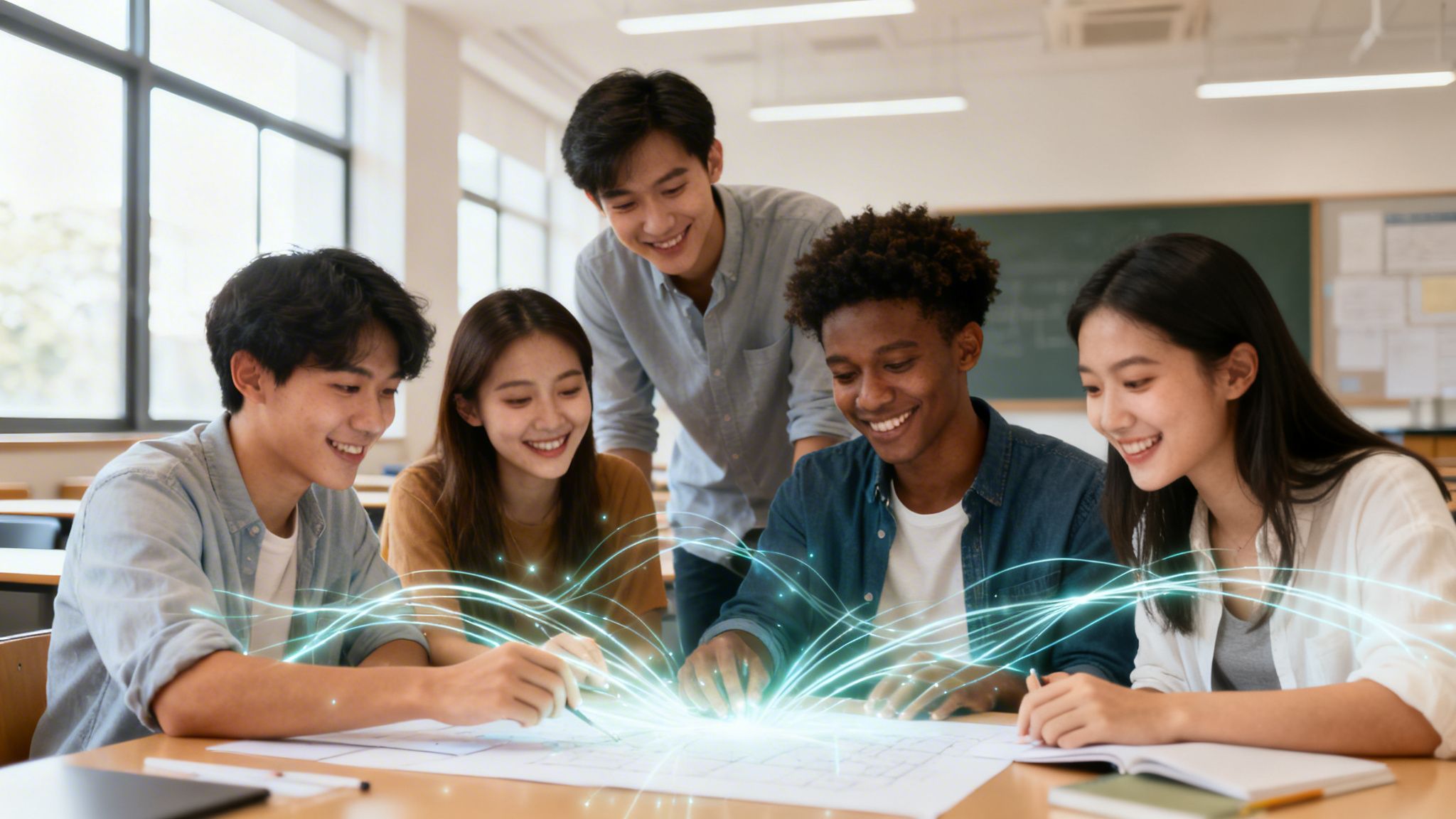 A diverse group of university students collaborating on a project with a digital holographic network overlay.