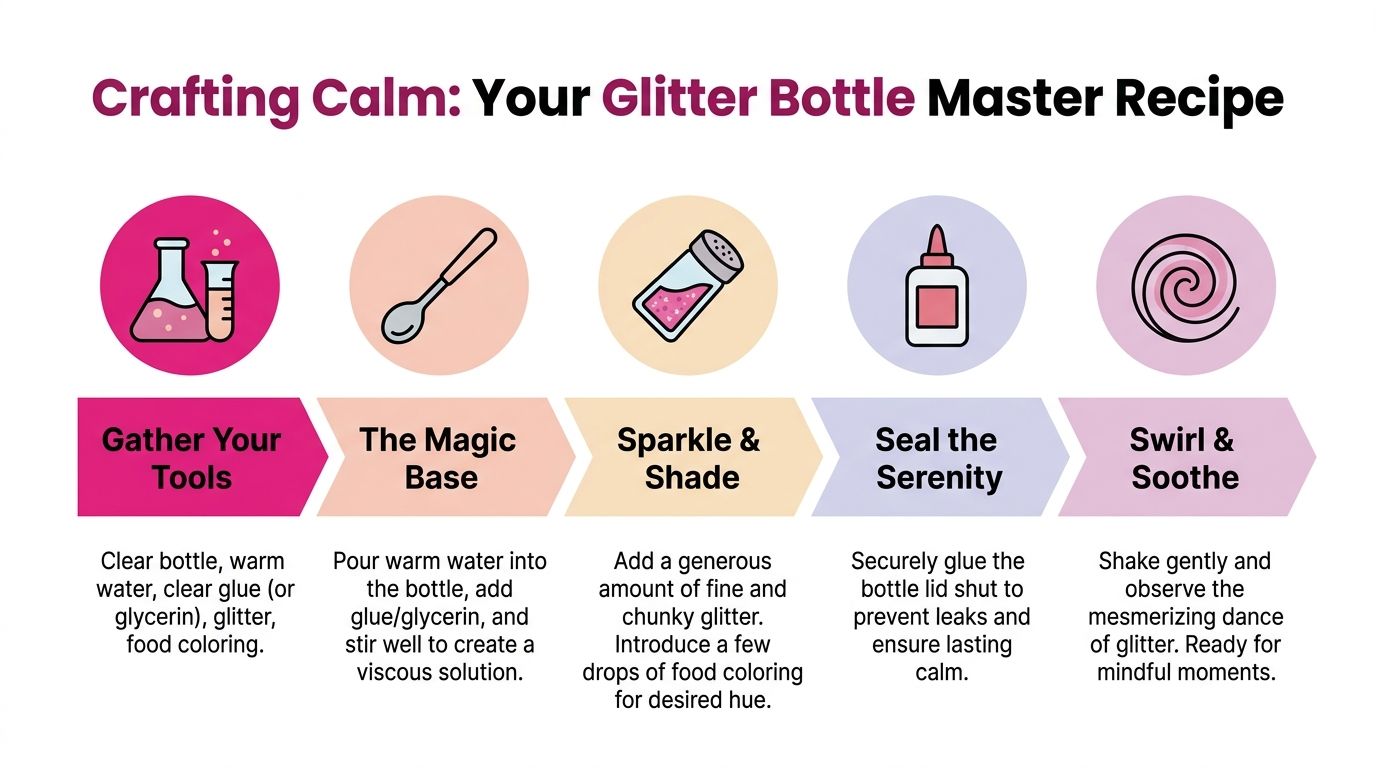 A five-step infographic guide titled Crafting Calm showing how to make a glitter sensory bottle.