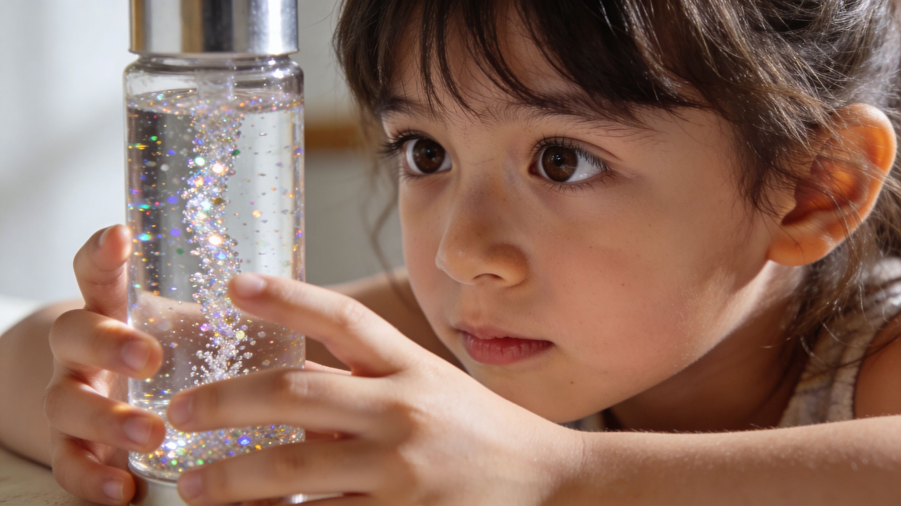 A curious young girl holding and watching a sparkling glitter sensory bottle with intense focus and fascination.