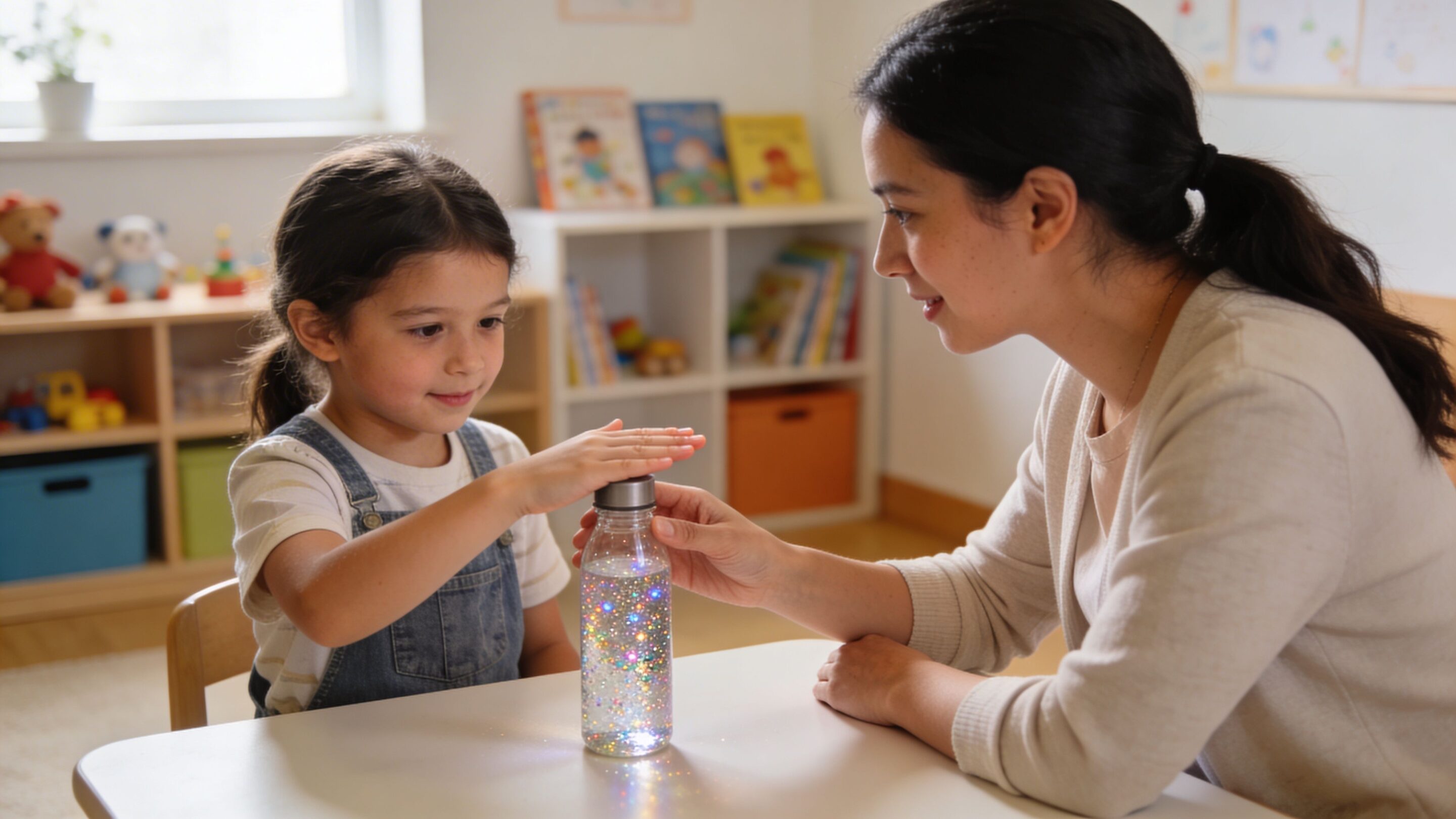 A young girl and her teacher interact with a glowing glitter sensory bottle on a small table.