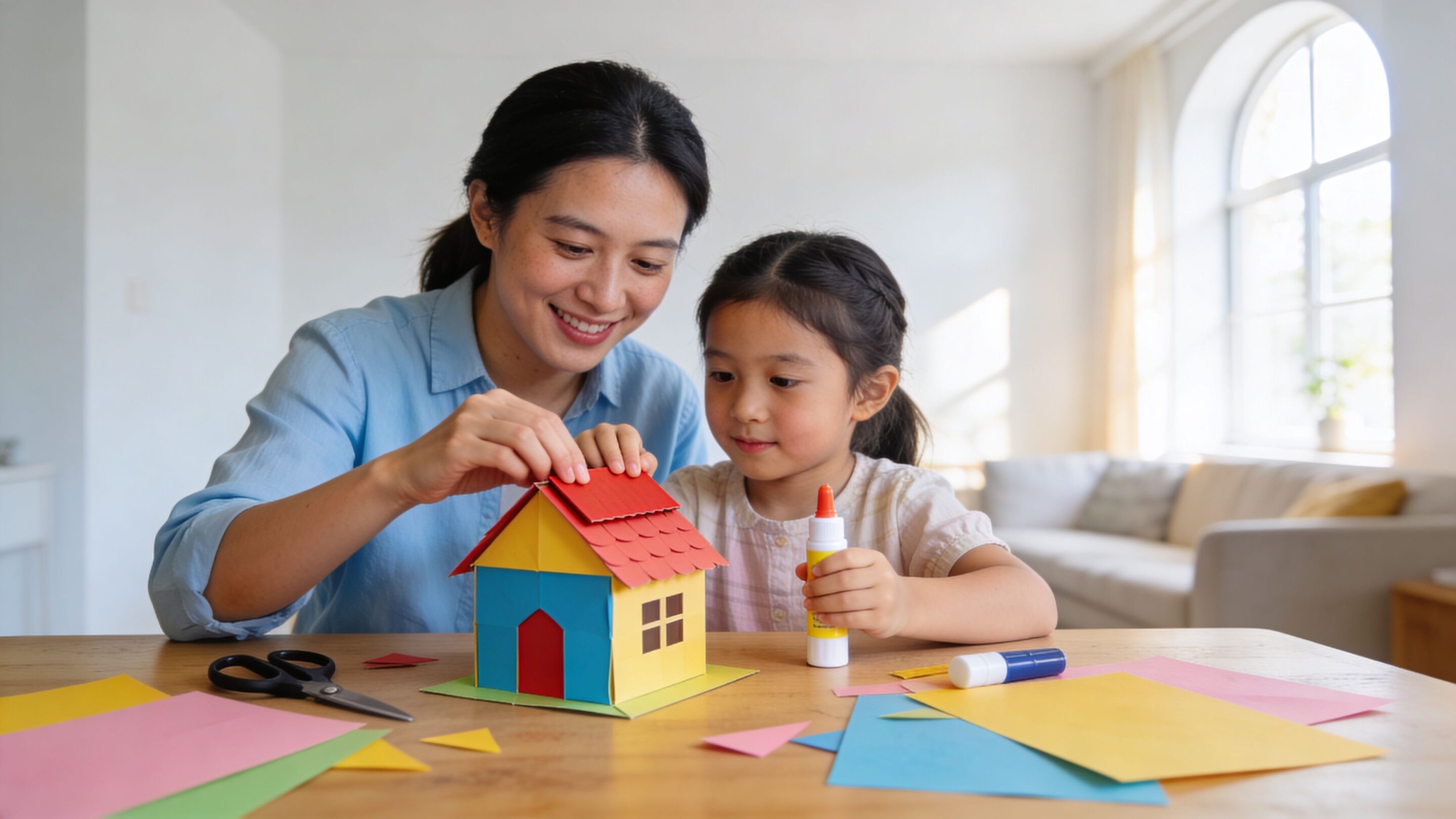 A mother and her young daughter happily bonding while crafting a colorful paper house together at home.