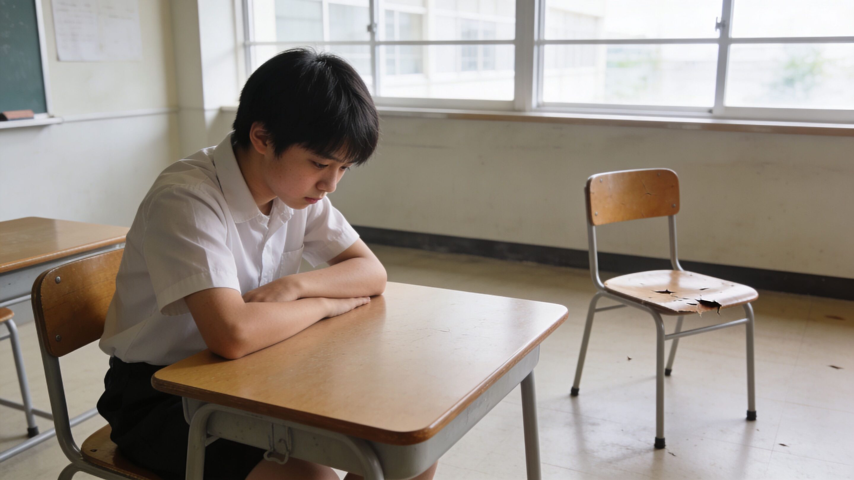 A young student sitting alone at a wooden desk in a quiet, empty classroom with a pensive expression.