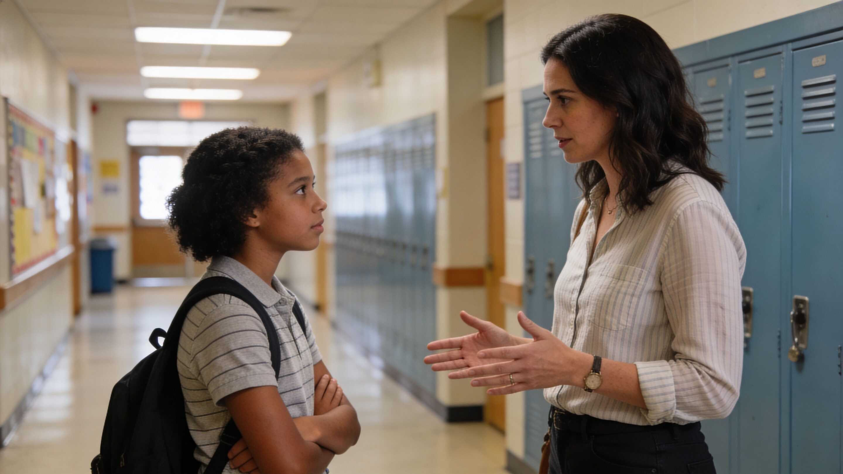 A teacher or parent having a serious conversation with a young student in a school hallway.
