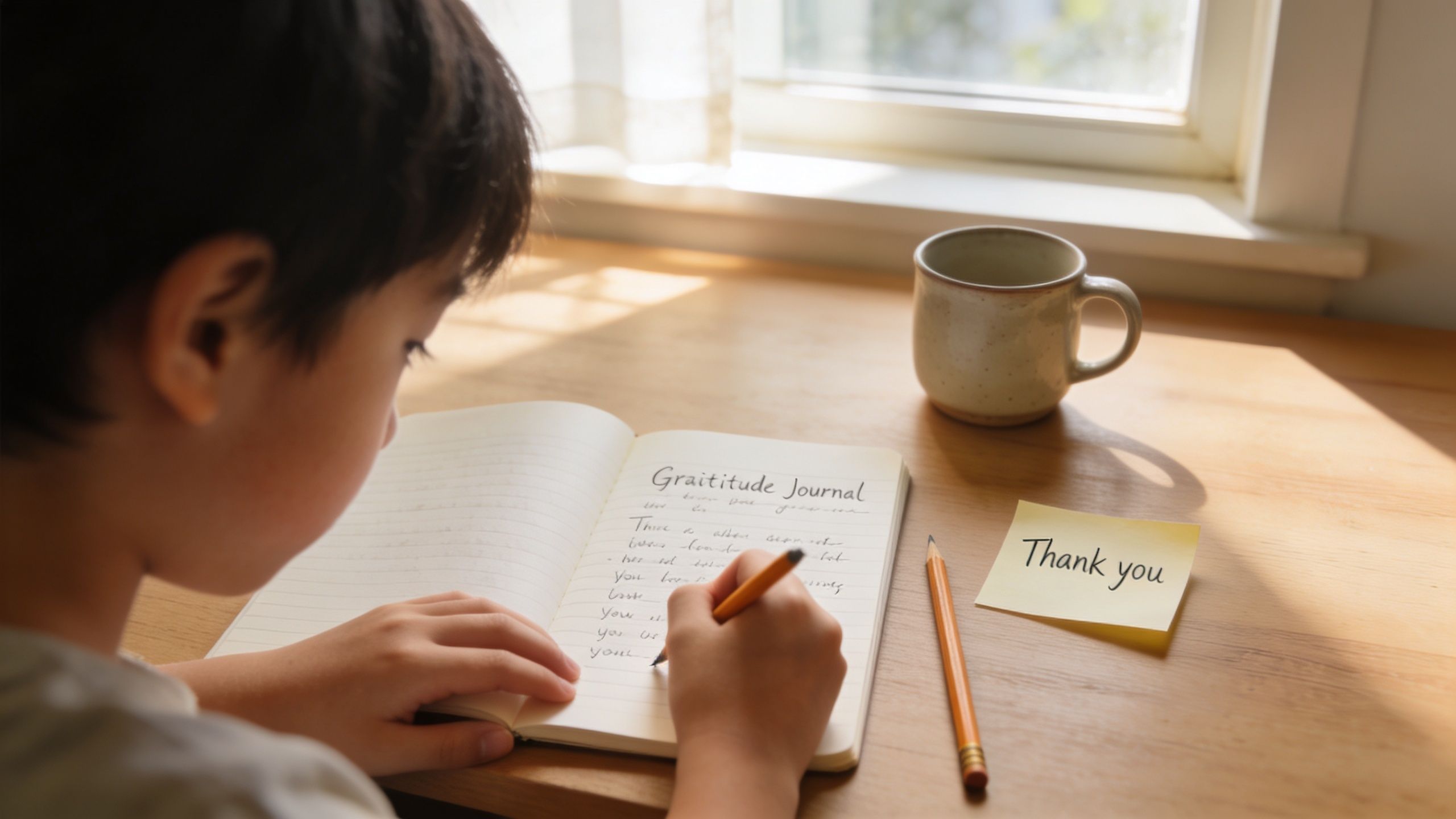 A young boy writes in a gratitude journal while sitting at a wooden desk with a pencil.