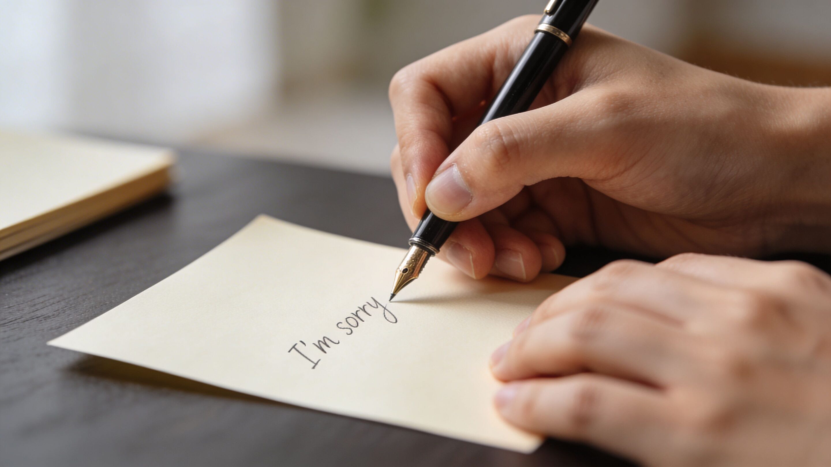 A close-up view of a person writing the words I'm sorry on a small piece of paper.