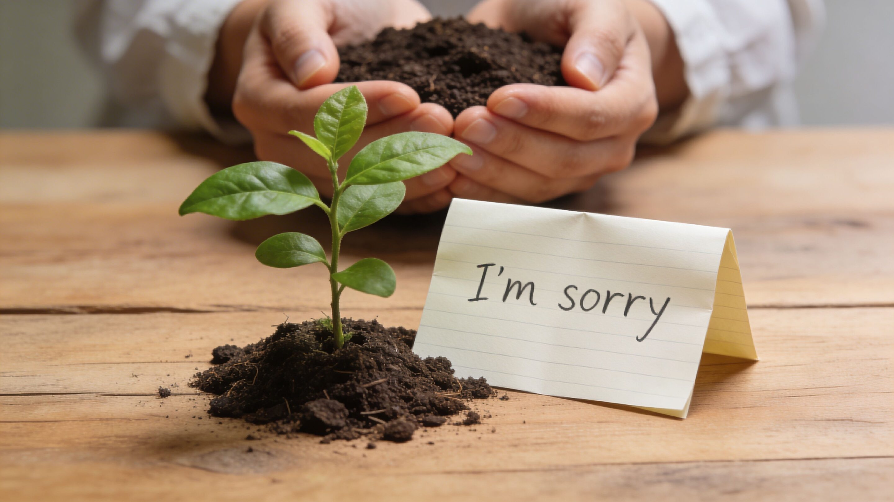 A small green seedling growing out of soil with a note saying I am sorry beside it.