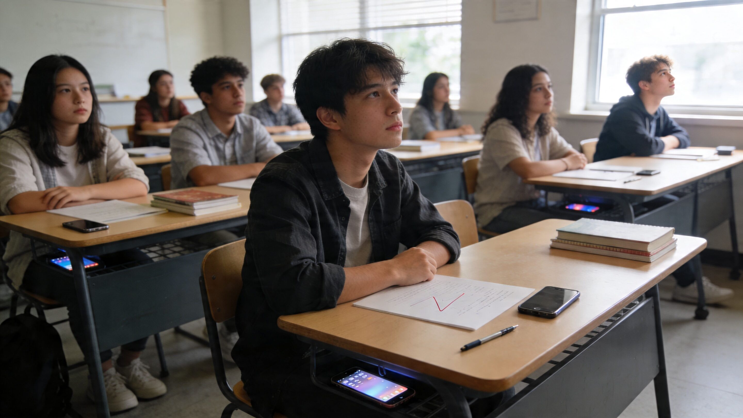 A diverse group of students sitting at desks in a classroom, attentively looking towards the front.
