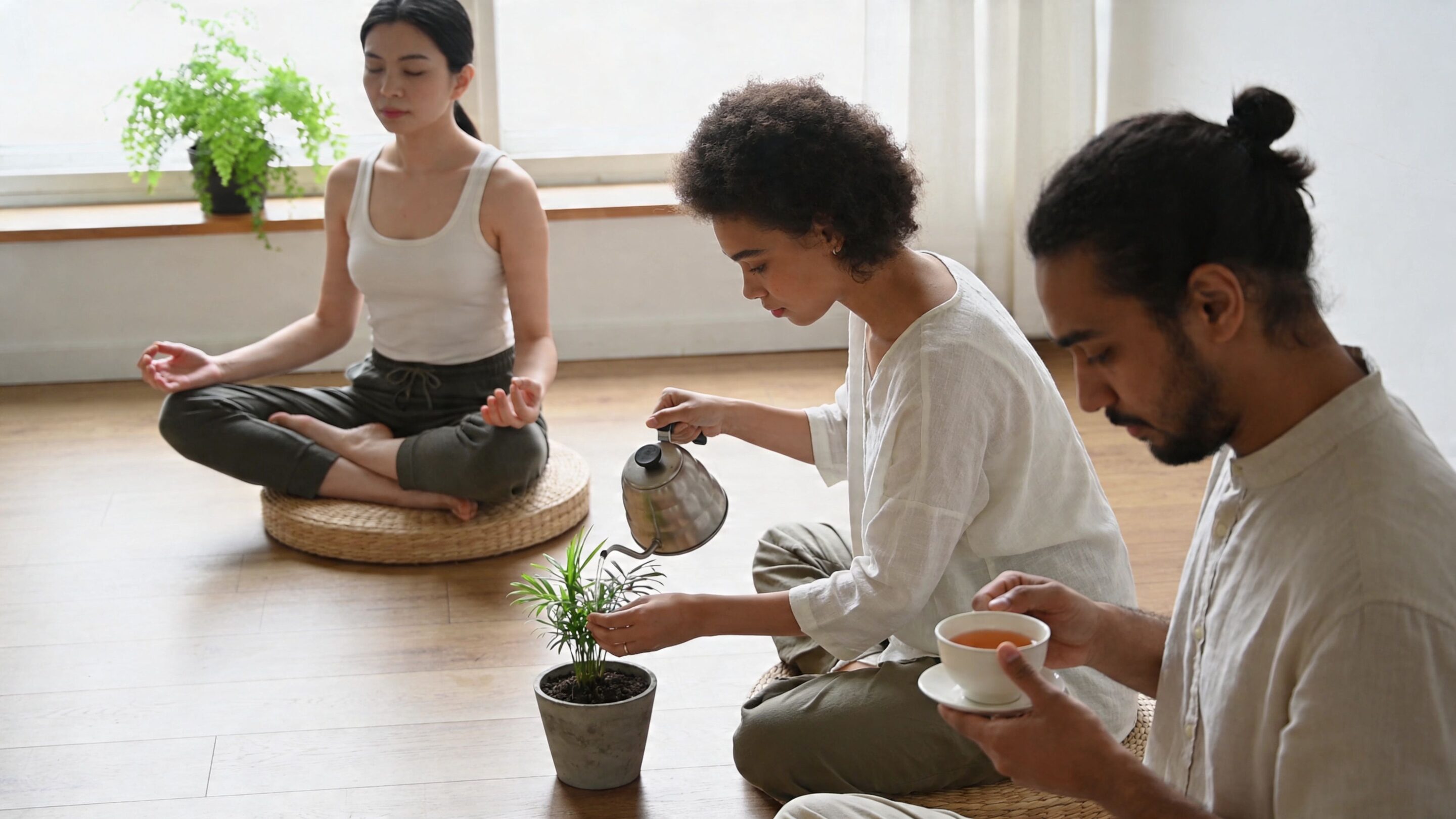 Three people relaxing together, practicing meditation, watering a houseplant, and drinking tea in a bright room.