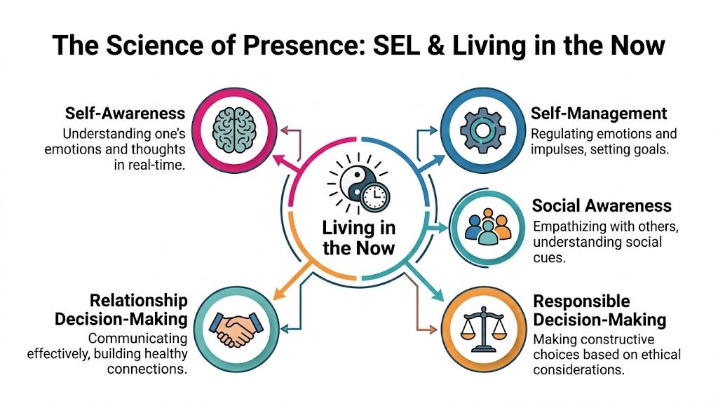 A diagram illustrating the connection between Social Emotional Learning skills and the concept of living in the now.