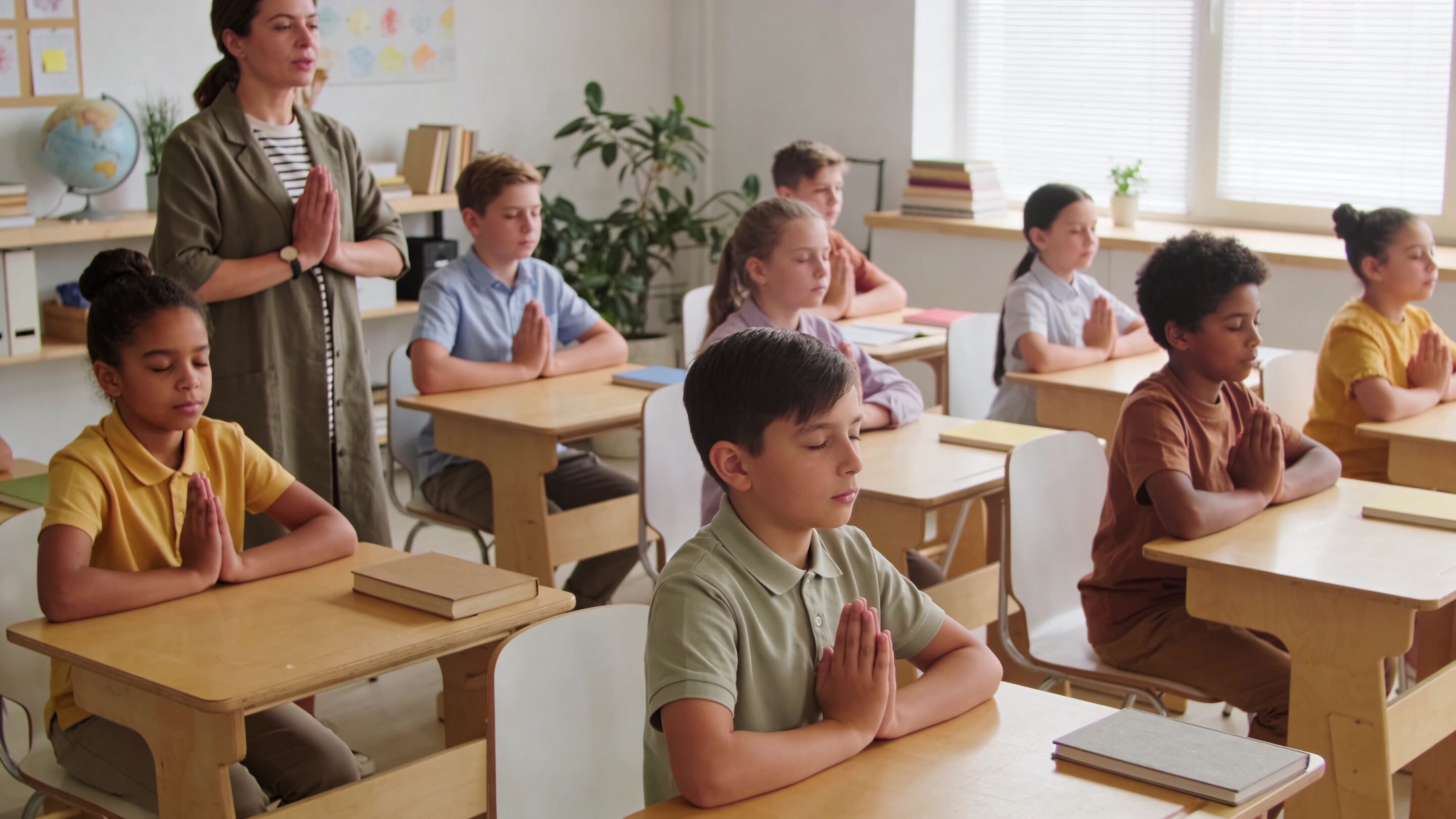 A teacher leads a diverse group of students in a mindfulness meditation exercise in a classroom setting.