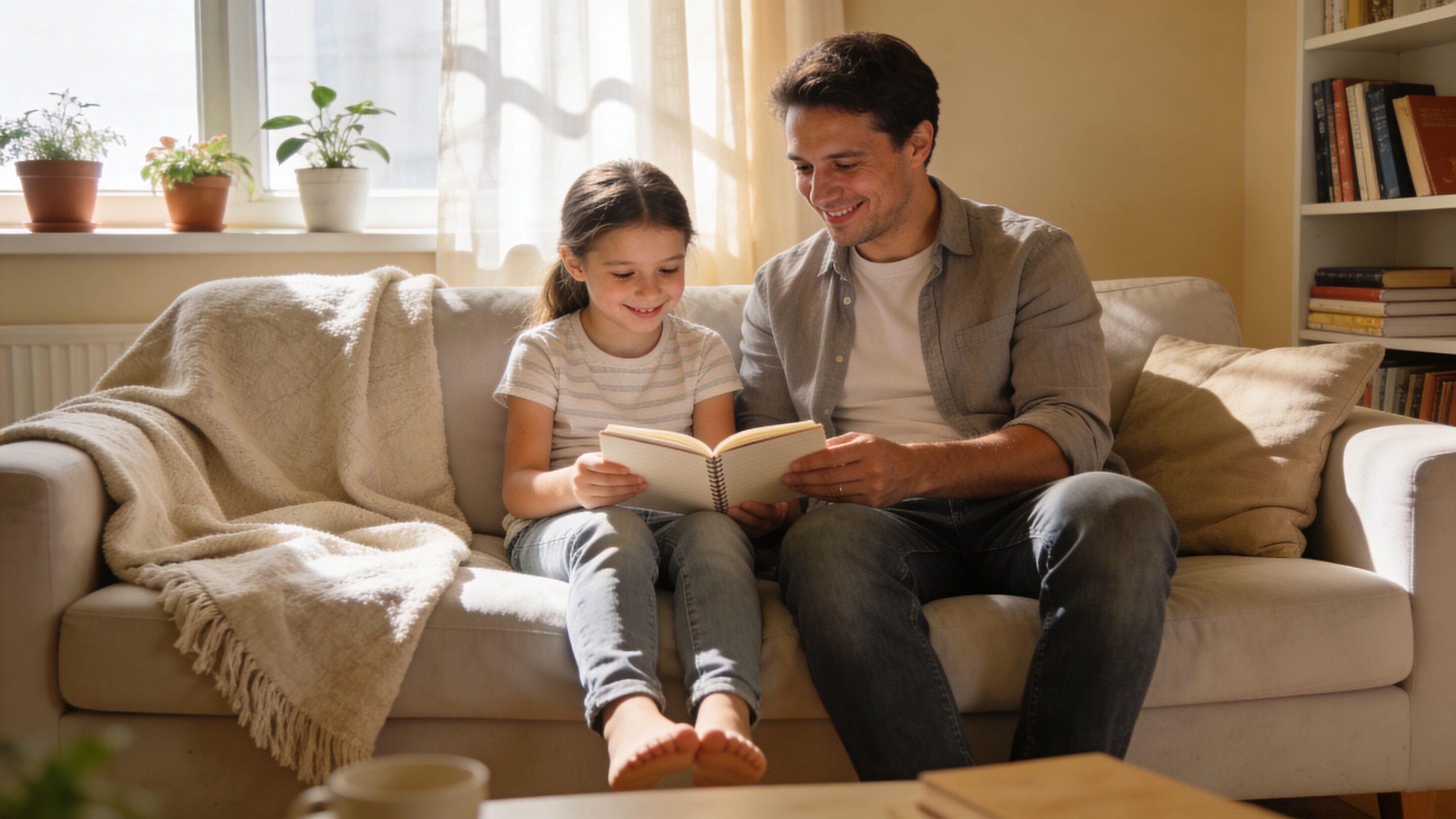 A father and his young daughter sit on a couch together, happily reading a book at home.
