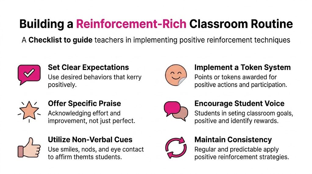A checklist infographic titled Building a Reinforcement-Rich Classroom Routine for teachers to implement positive behavior strategies.