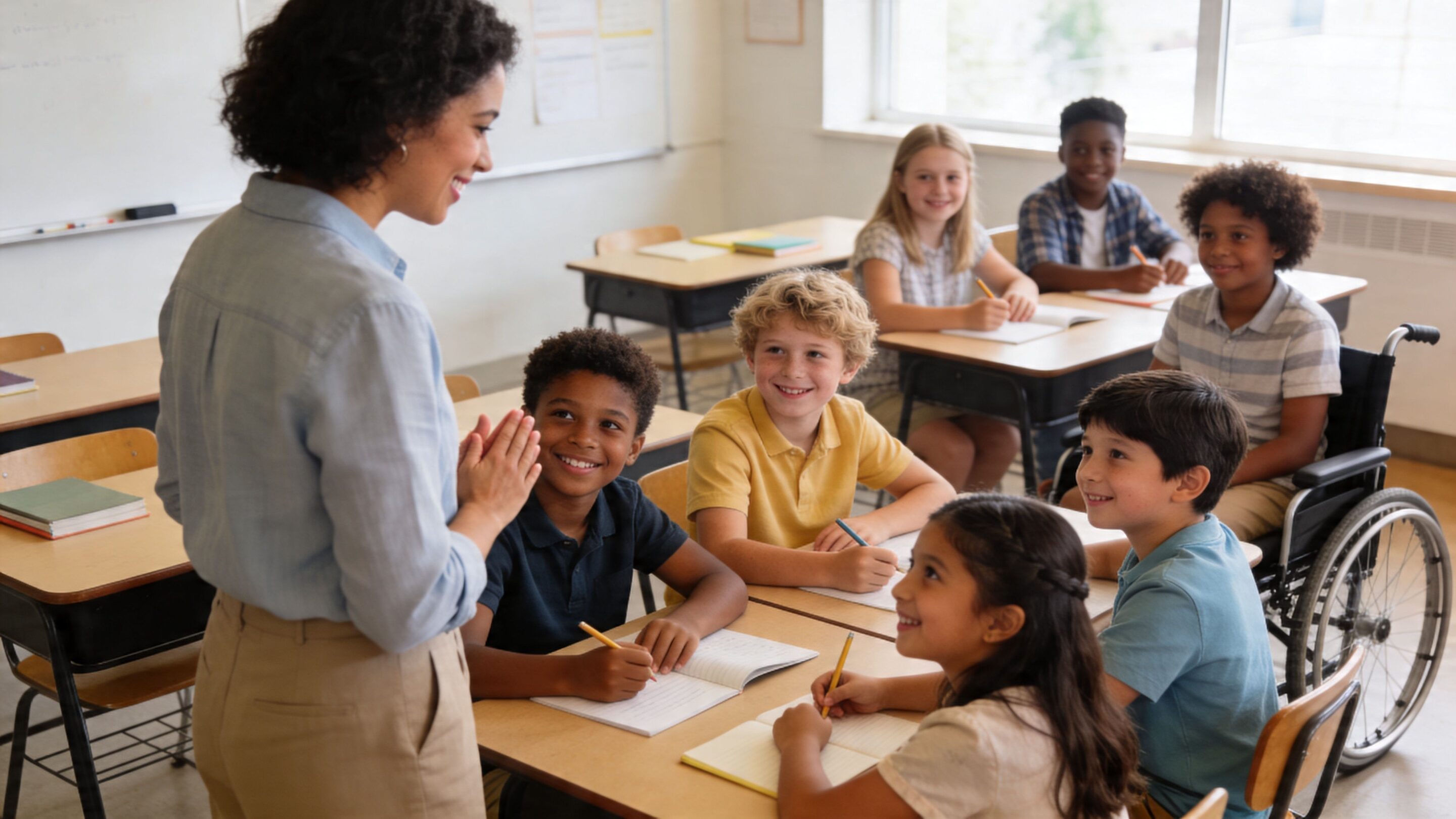 A teacher smiling at her diverse elementary school classroom as students listen attentively at their desks.