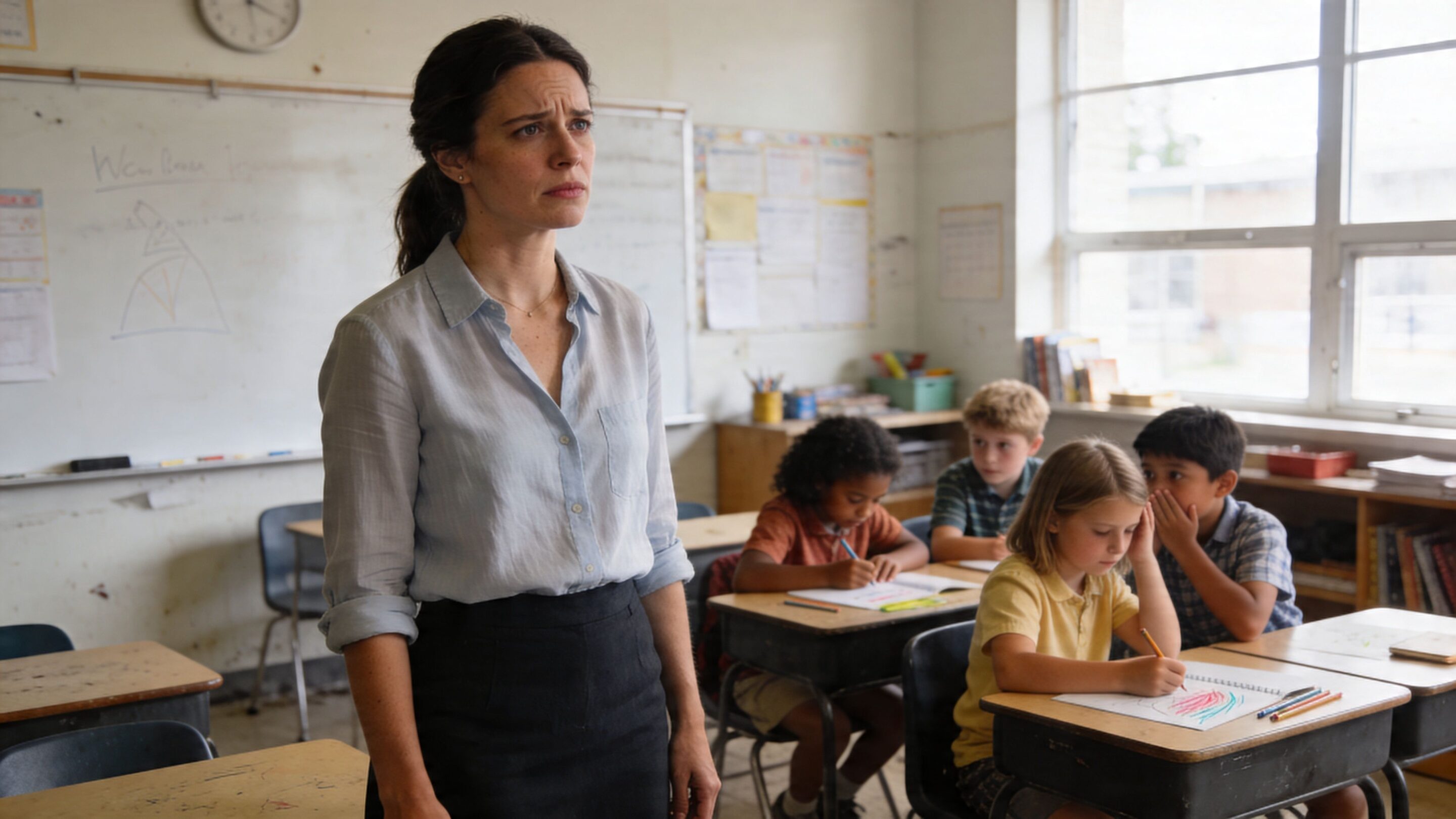 A concerned female teacher stands in front of her elementary school students while they work at desks.