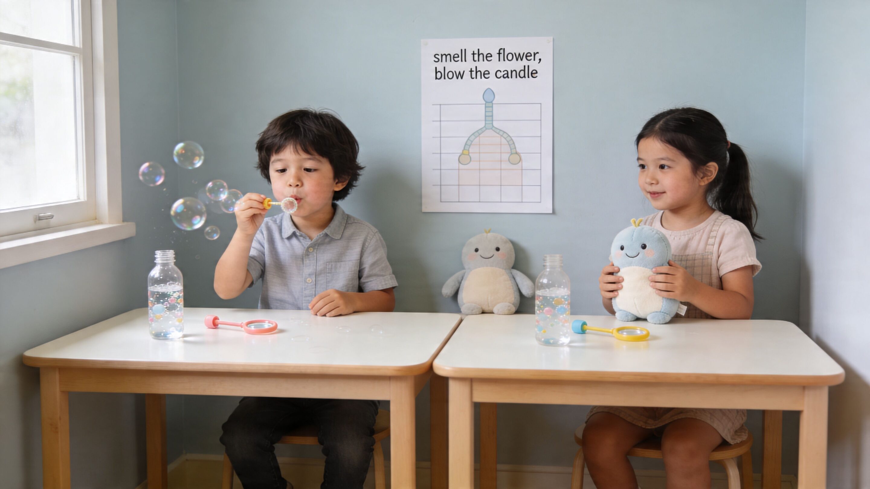 A young boy blowing bubbles at a table next to a girl holding a plush toy.