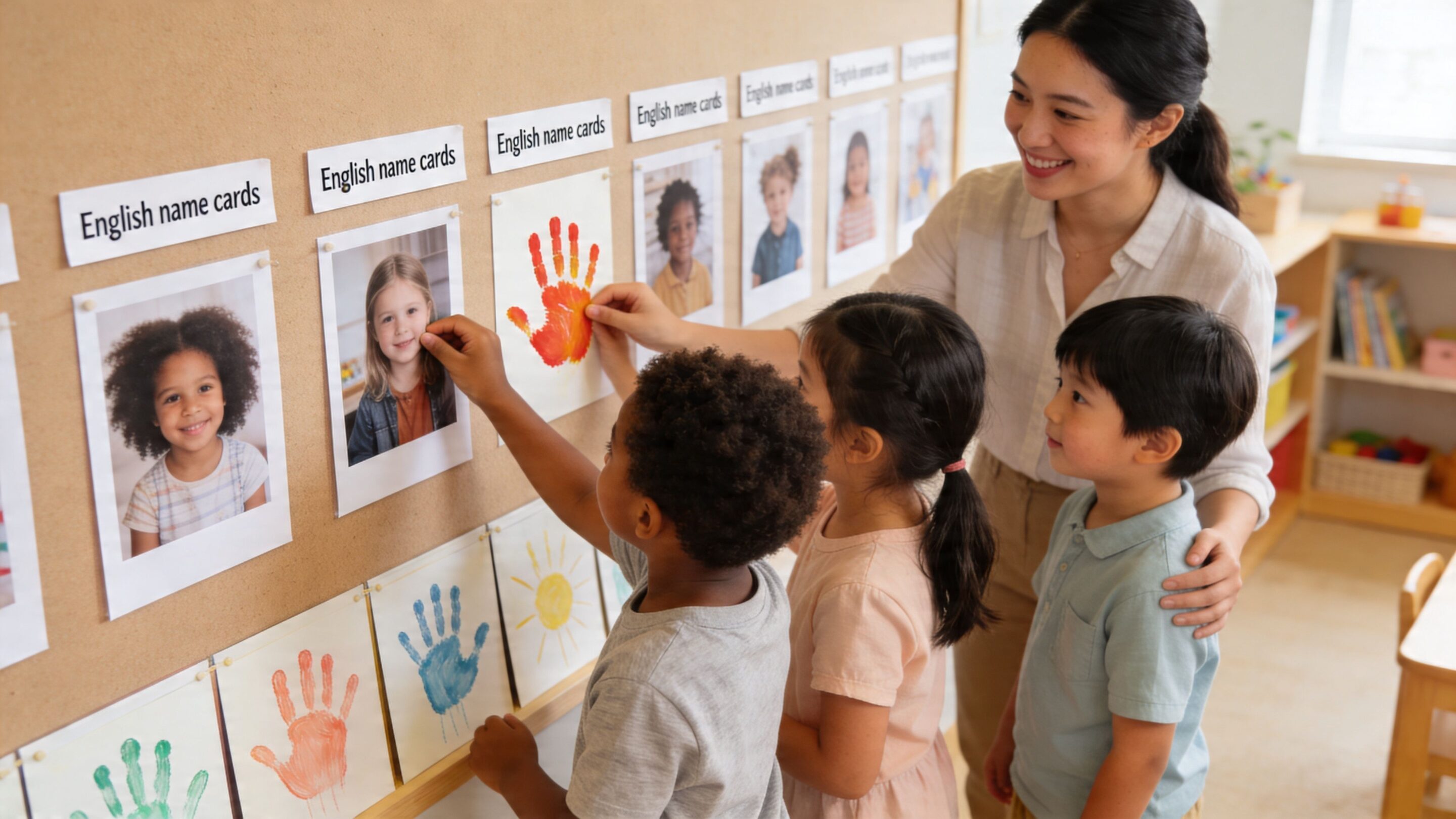 A friendly teacher assists preschool students in a classroom with educational name cards and colorful handprint artwork.
