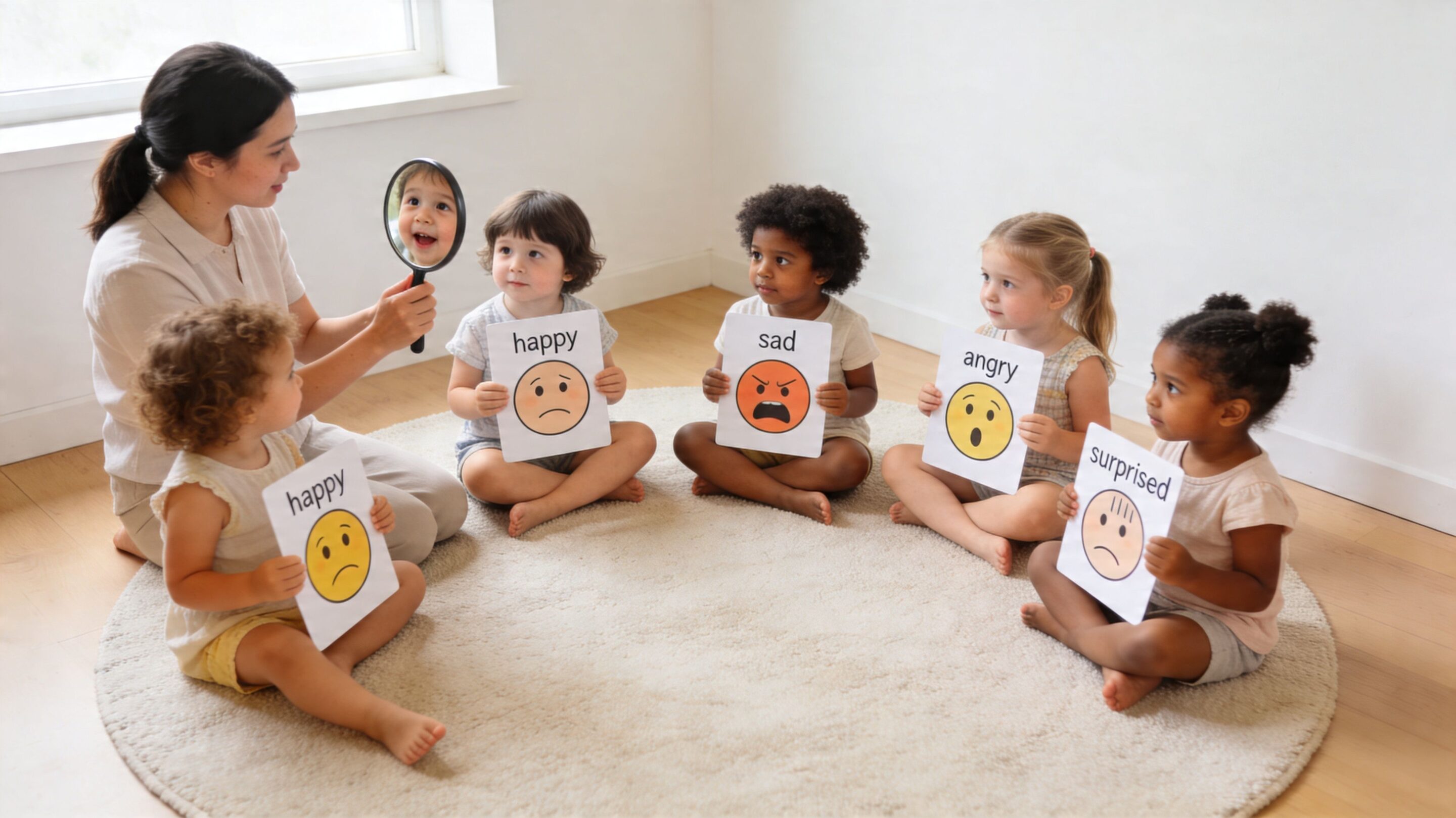 A teacher holds a mirror for a child while other children hold emotion-labeled cards in a circle.