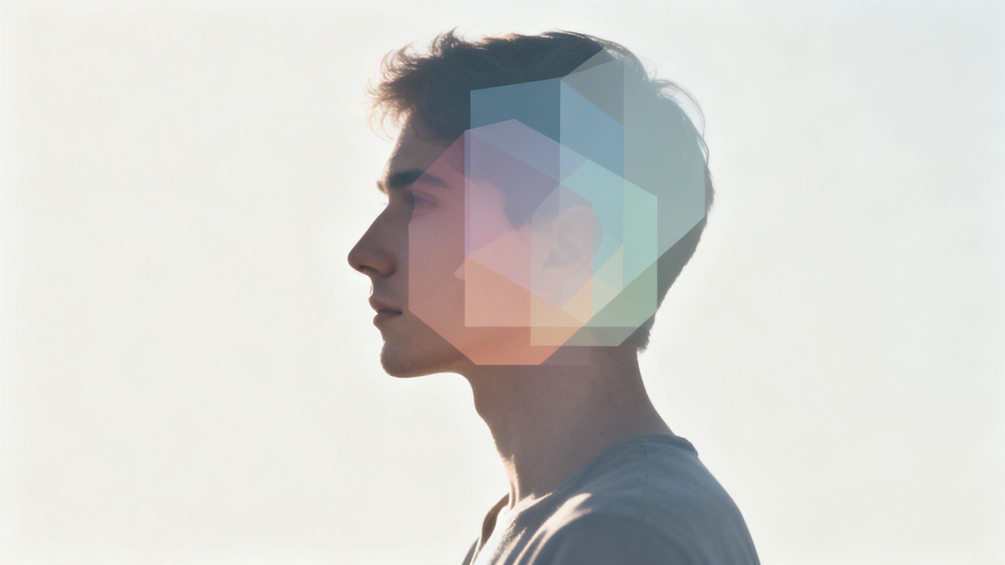 Profile of a young man with colorful, translucent geometric shapes overlaid on his head.