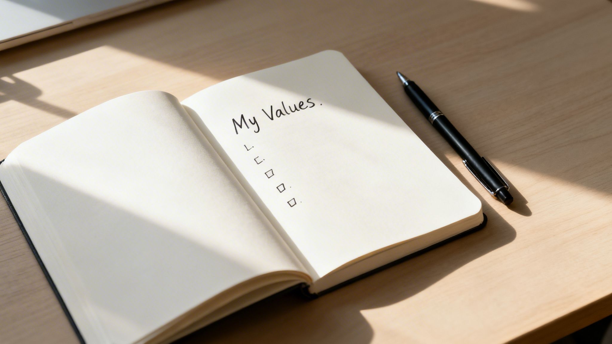 Open notebook displaying 'My Values.' and a checklist, with a pen on a sunlit wooden desk.