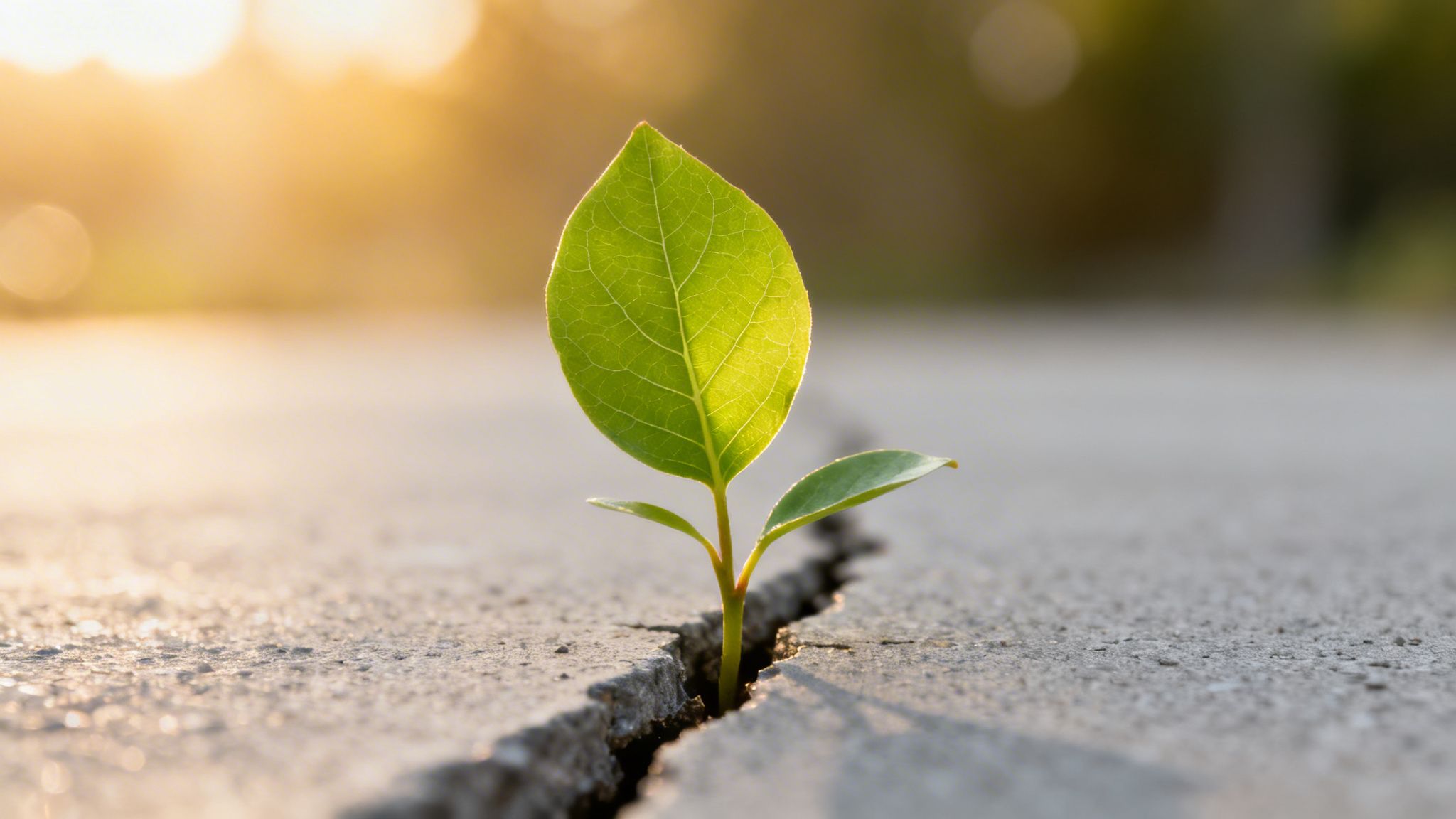 A vibrant green seedling sprouts from a narrow crack in concrete, bathed in warm sunlight.