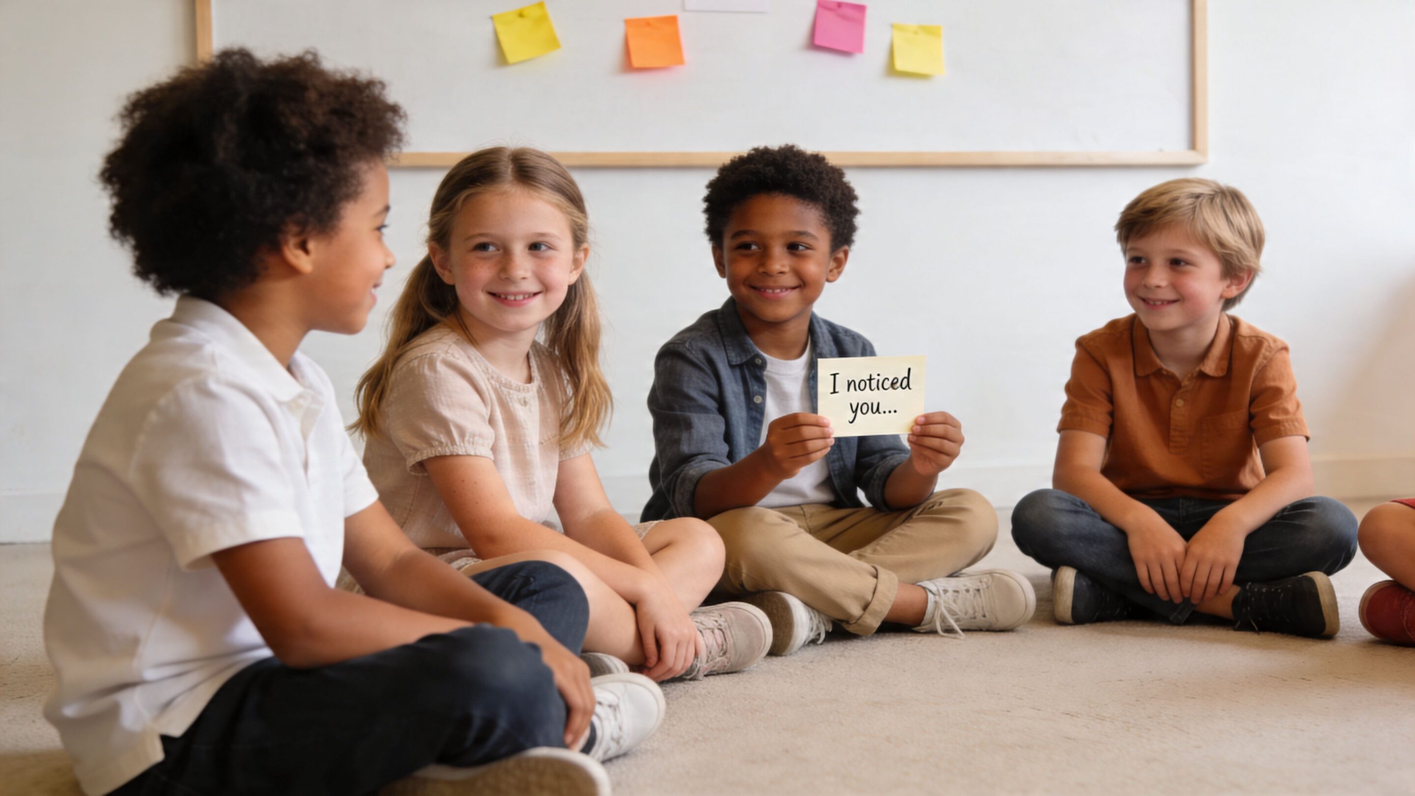 A diverse group of children sitting in a circle during a classroom self-esteem building activity.